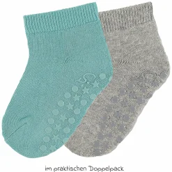 2er Pack Krabbelsocken Kurz Vollplüsch im Sohlenbereich - Grau Türkis - Gr. 17/18