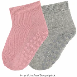 2er Pack Krabbelsocken Kurz Vollplüsch im Sohlenbereich - Grau Rosa - Gr. 19/20