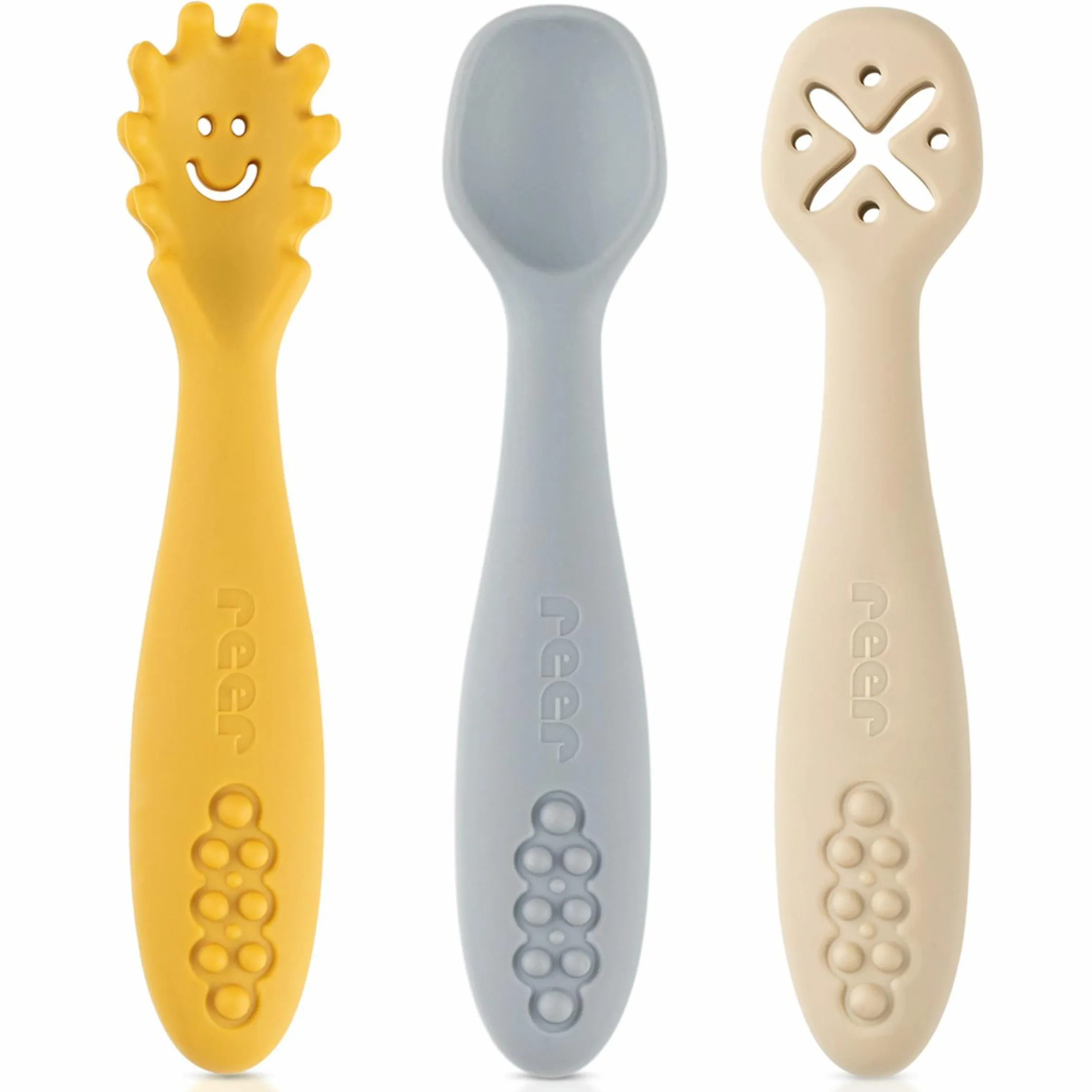 3er Pack Silikon Babylöffel Little Yummie mit verschiedene Strkturen, Anti-Rutschnoppen & ergonomischer Griff - Bunt
