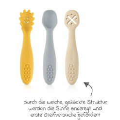3er Pack Silikon Babylöffel Little Yummie mit verschiedene Strkturen, Anti-Rutschnoppen & ergonomischer Griff - Bunt