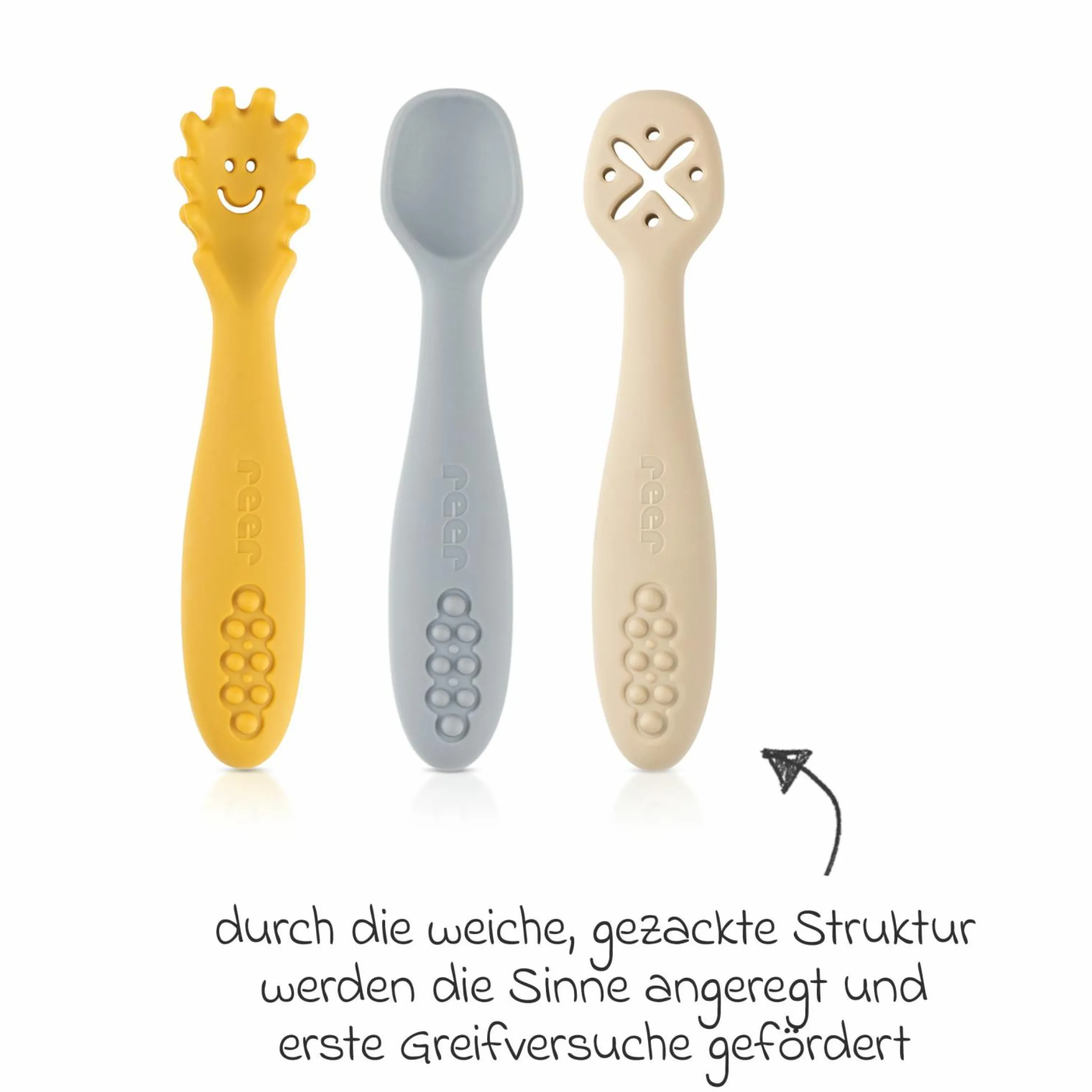 3er Pack Silikon Babylöffel Little Yummie mit verschiedene Strkturen, Anti-Rutschnoppen & ergonomischer Griff - Bunt