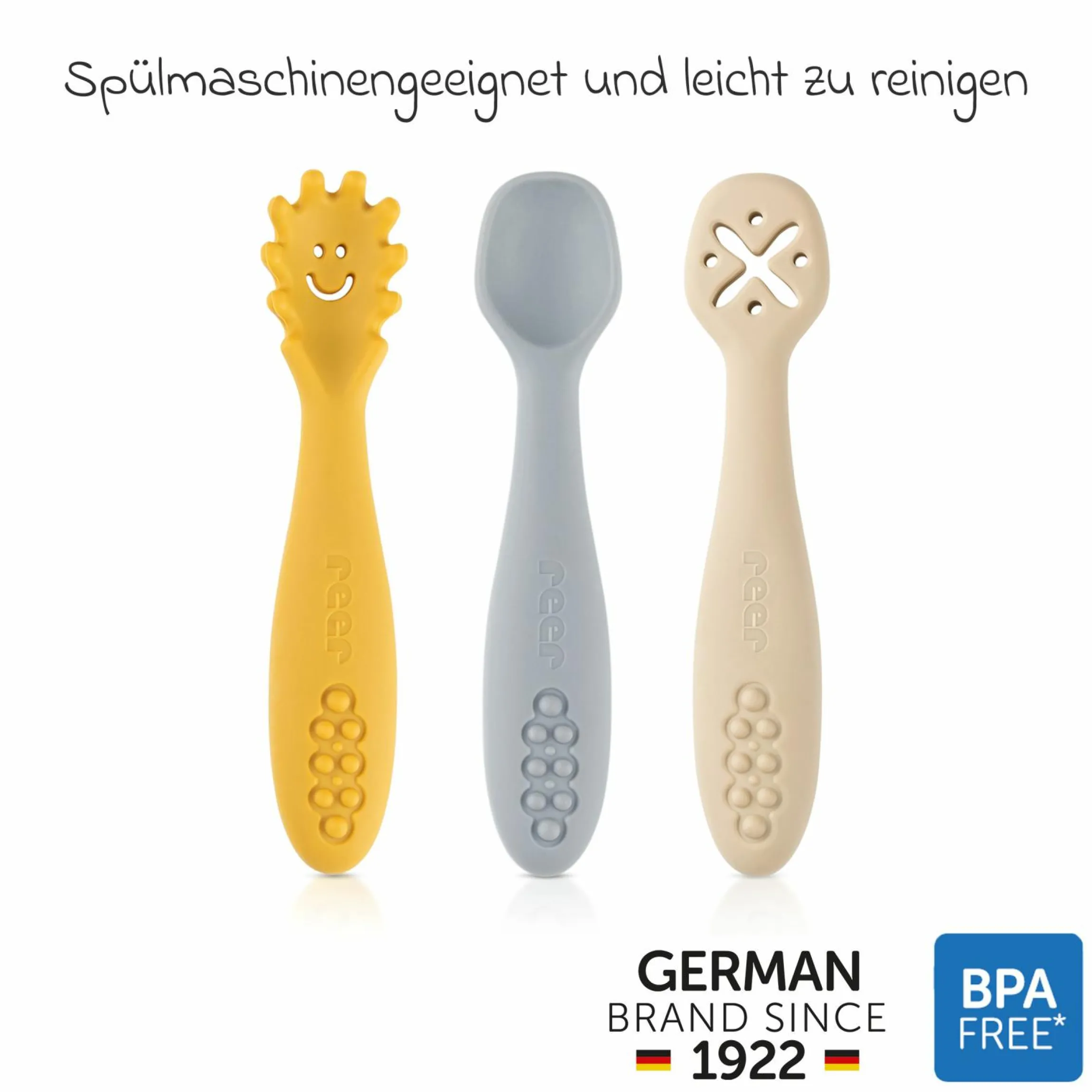 3er Pack Silikon Babylöffel Little Yummie mit verschiedene Strkturen, Anti-Rutschnoppen & ergonomischer Griff - Bunt
