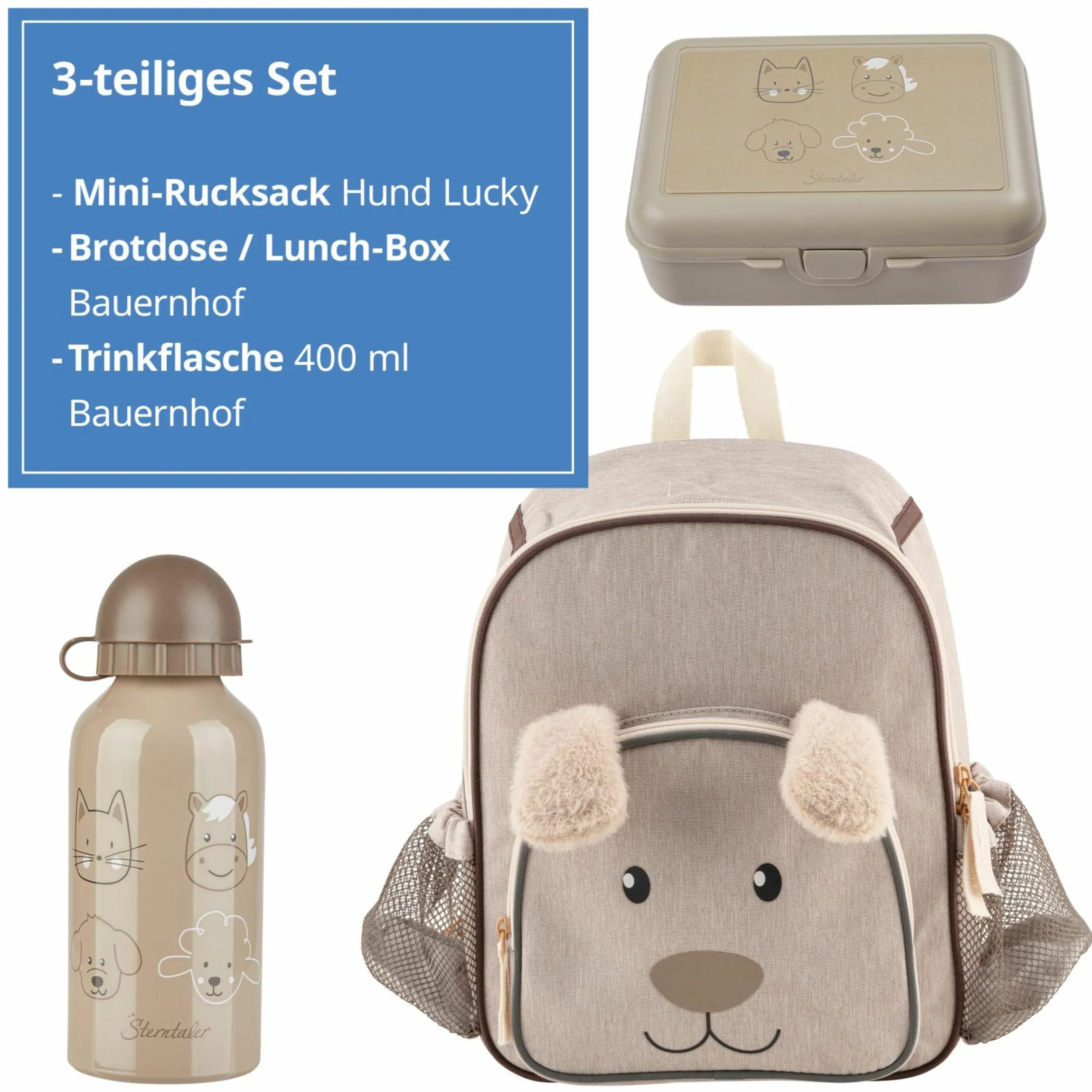 3er Set Rucksack, Brotdose & Trinkflasche - Hund Lucky