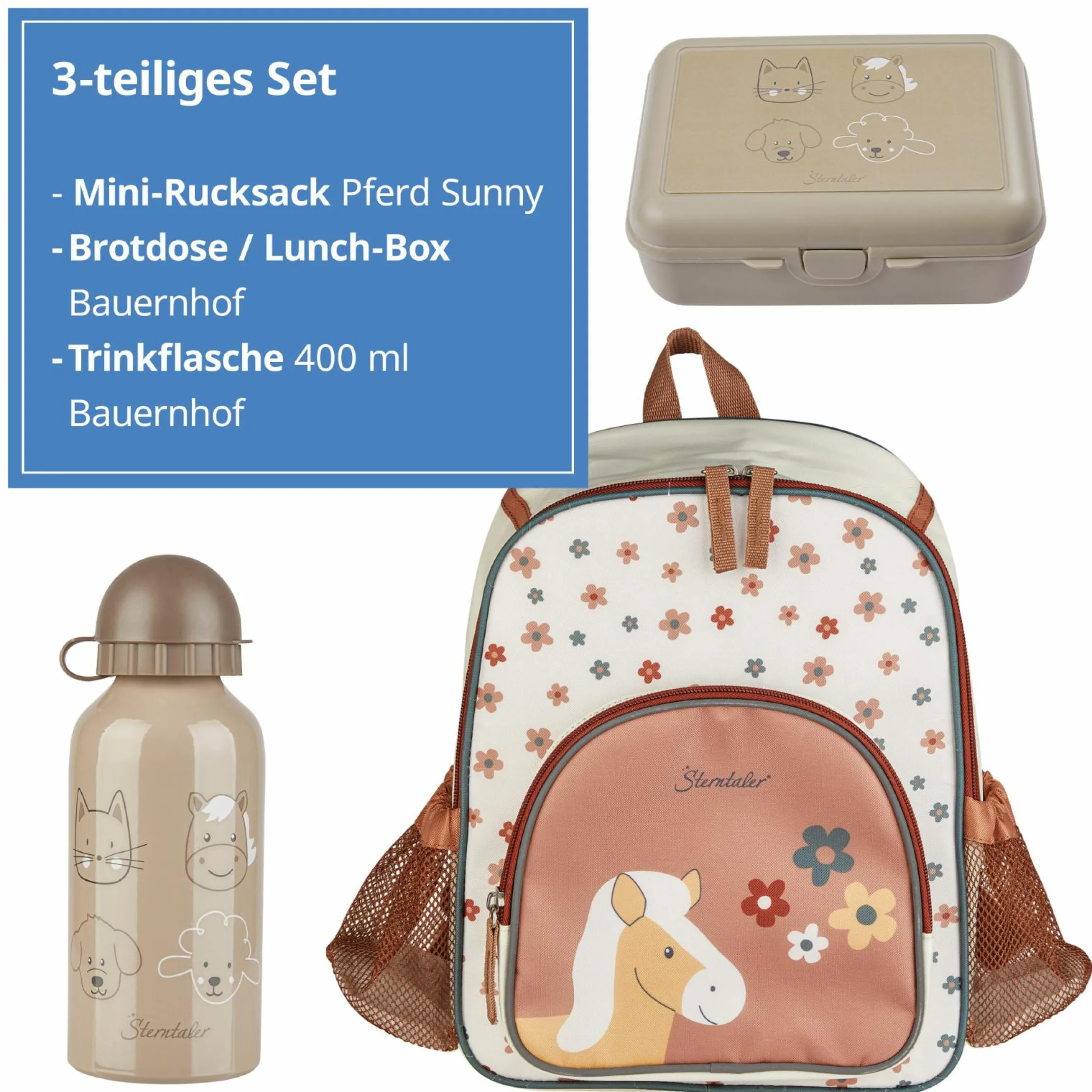 3er Set Rucksack, Brotdose & Trinkflasche - Pferd Sunny