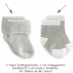 Erstlingssocken 6er Pack Baby Söckchen, 3 Paar mit Umschlag, 3 Paar ohne Umschlag - Gr. 0 - 3 Monate - Natur