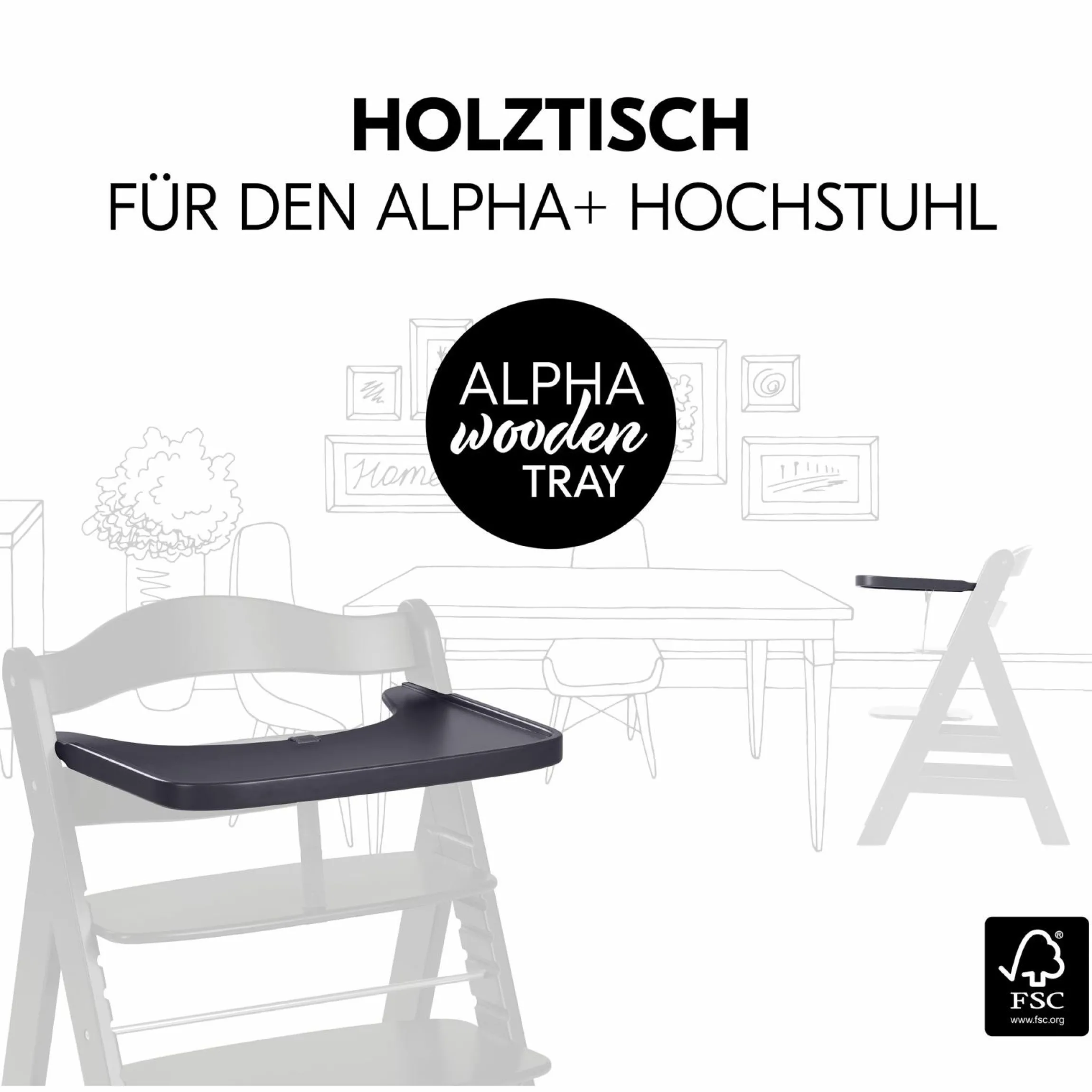 Essbrett & Tisch aus Holz für Alpha Hochstühle (Wooden Tray) - Dark Grey