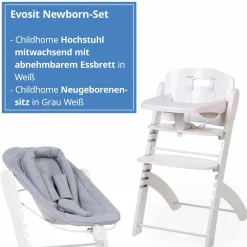Evosit Newborn-Set - mitwachsender Hochstuhl mit abnehmbarem Essbrett + Neugeborenenaufsatz - White