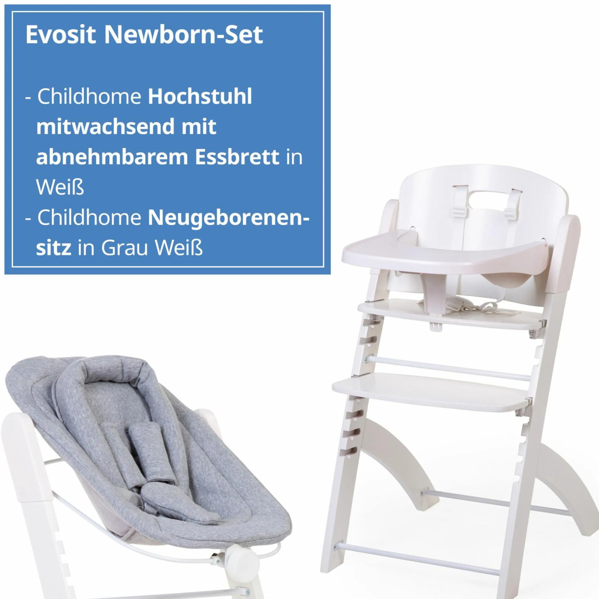 Evosit Newborn-Set - mitwachsender Hochstuhl mit abnehmbarem Essbrett + Neugeborenenaufsatz - White