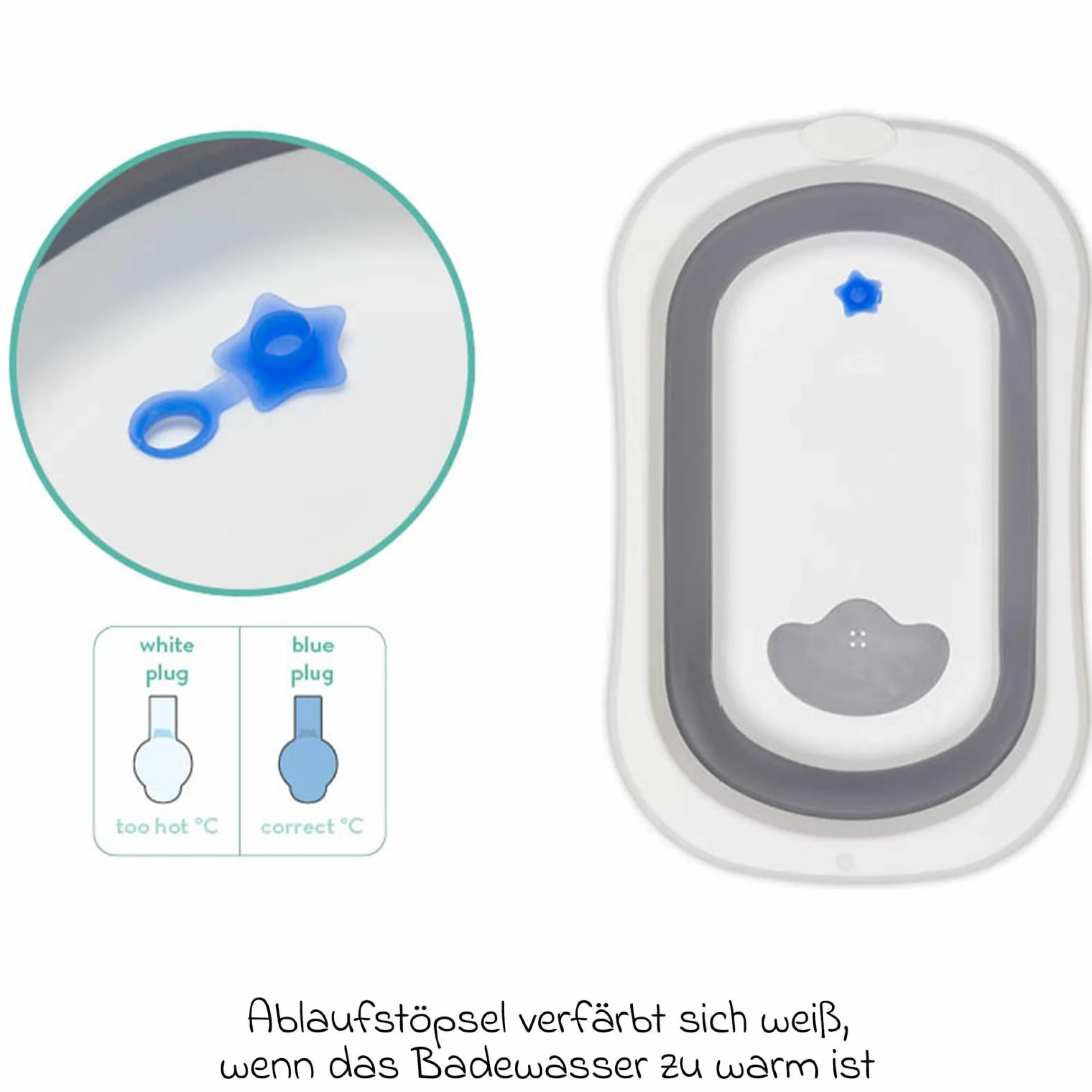 Faltbadewanne Orka mit ausklappbaren Standbeinen, Stöpsel & Antirutschbeschichtung inkl. Kapuzentuch mit Elefantenmotiv 75 x 75 cm - Grau Weiß