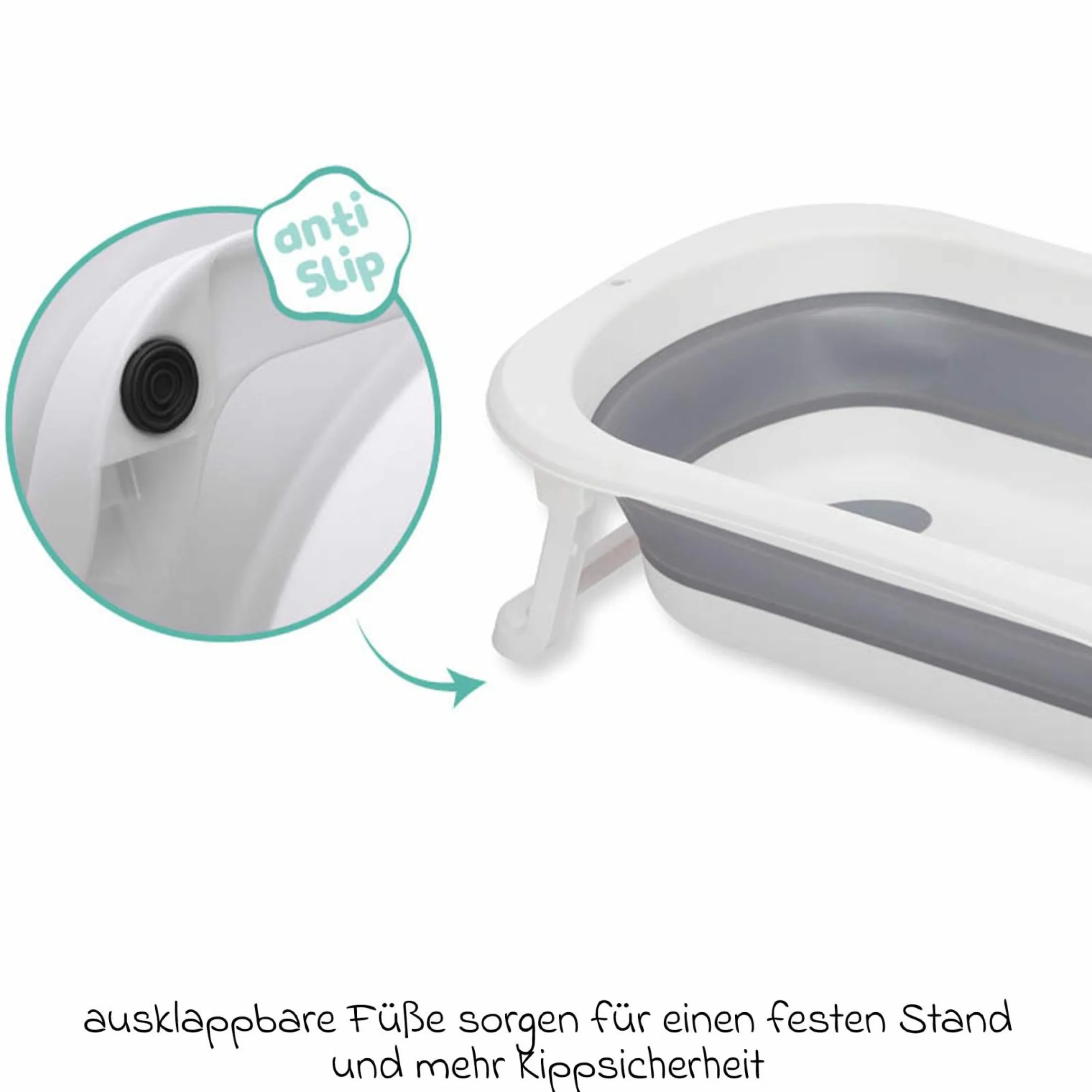Faltbadewanne Orka mit ausklappbaren Standbeinen, Stöpsel & Antirutschbeschichtung inkl. Kapuzentuch mit Elefantenmotiv 75 x 75 cm - Grau Weiß