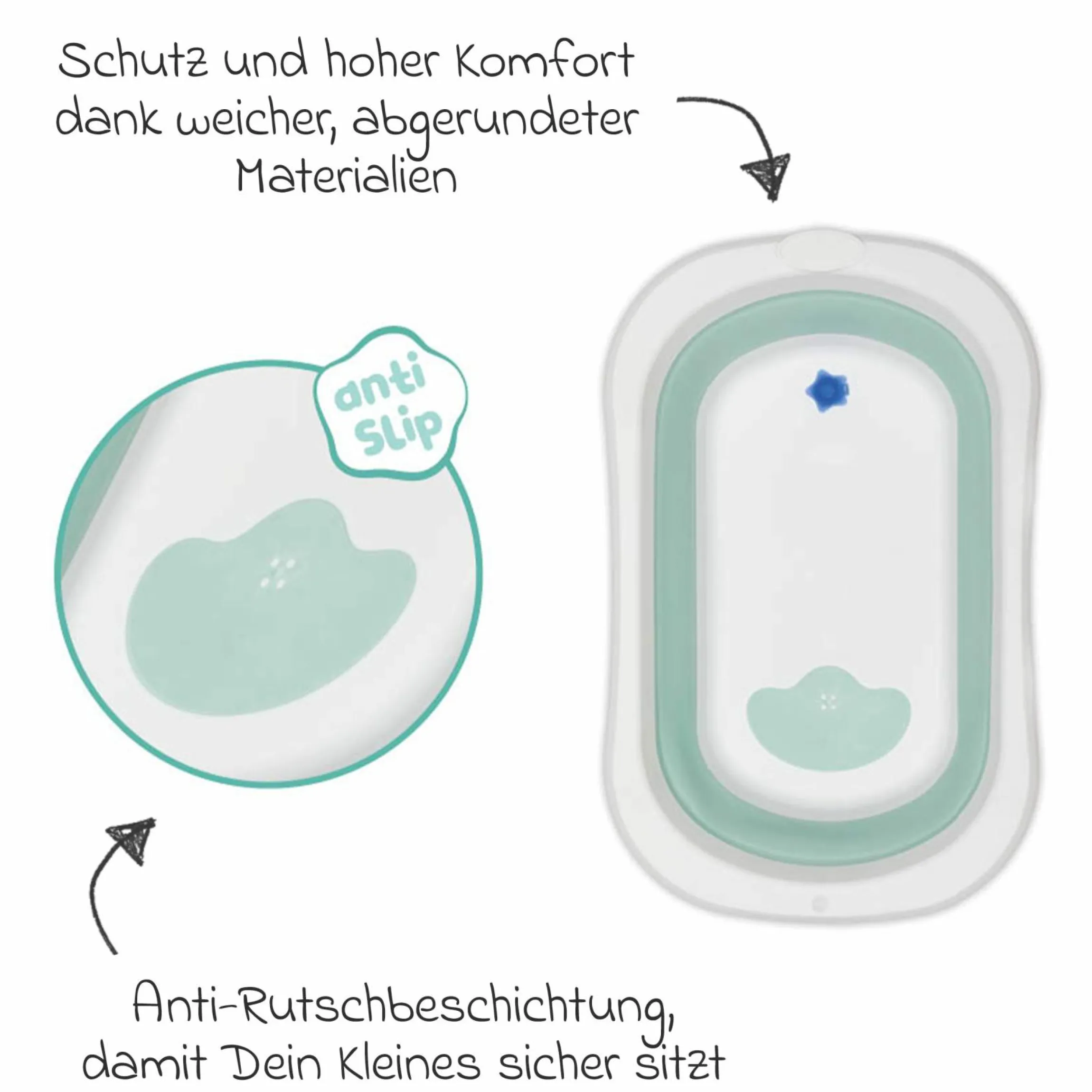 Faltbadewanne Orka mit ausklappbaren Standbeinen, Stöpsel & Antirutschbeschichtung inkl. Kapuzentuch mit Elefantenmotiv 75 x 75 cm - Salbei Weiß