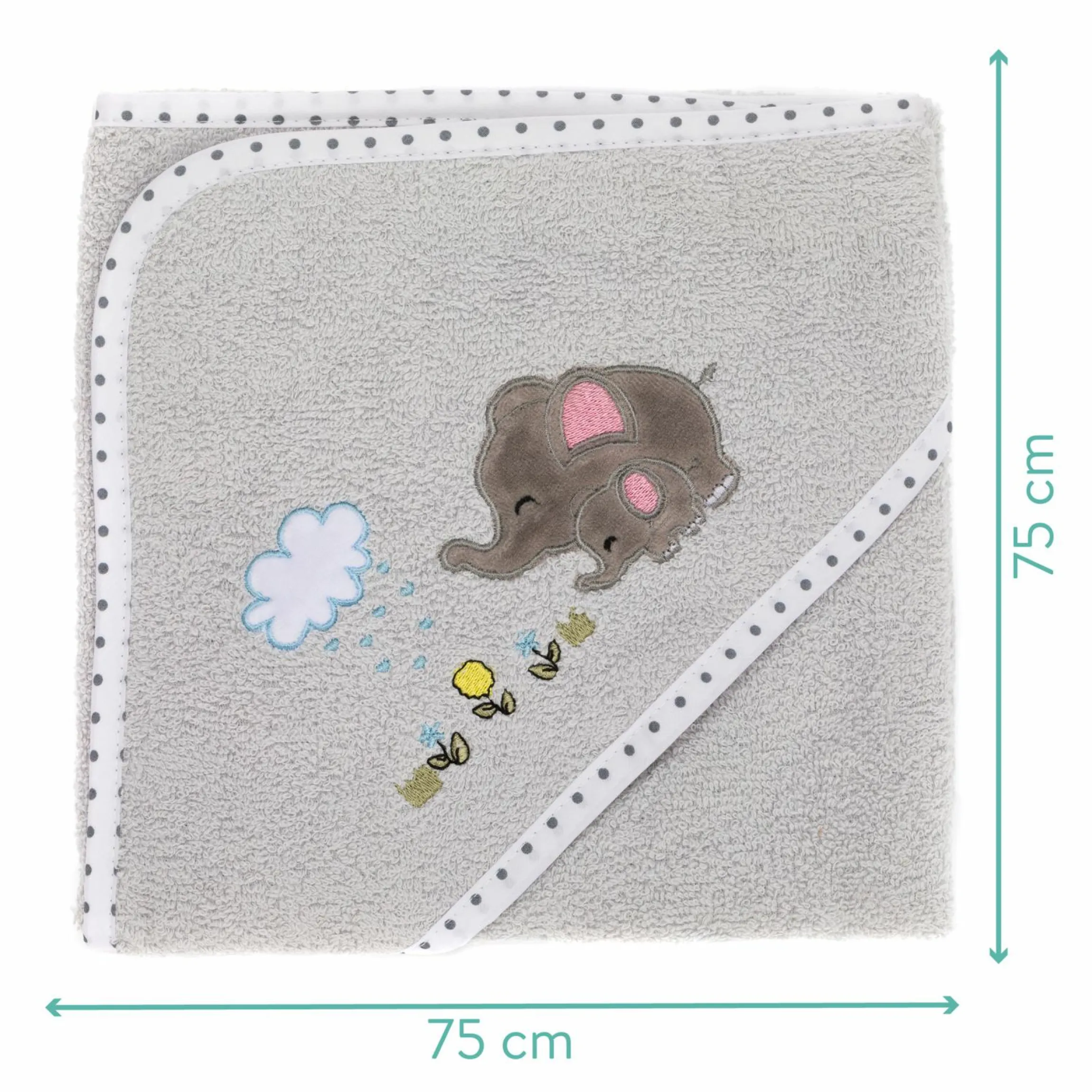 Faltbadewanne Orka mit ausklappbaren Standbeinen, Stöpsel & Antirutschbeschichtung inkl. Kapuzentuch mit Elefantenmotiv 75 x 75 cm - Salbei Weiß