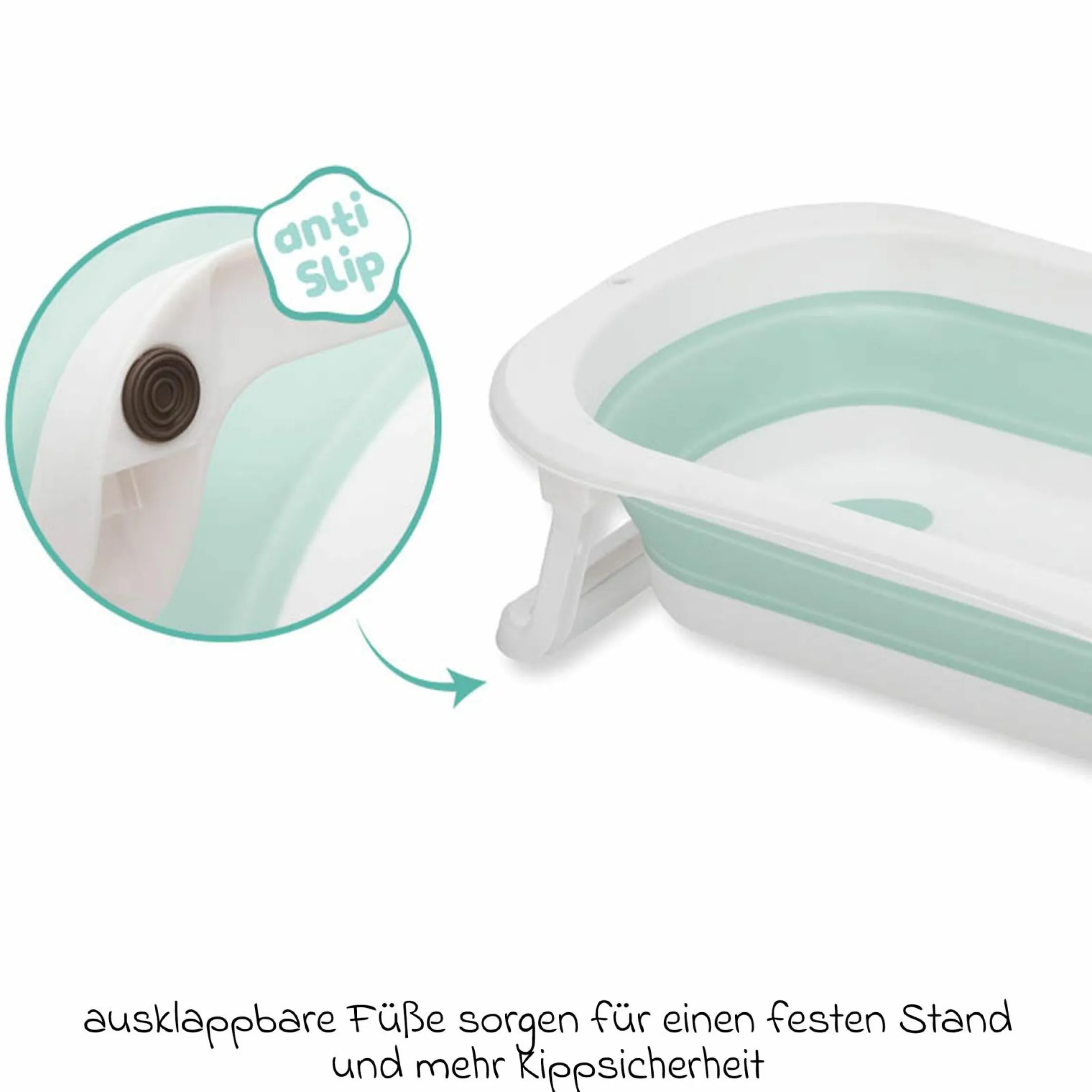 Faltbadewanne Orka mit ausklappbaren Standbeinen, Stöpsel & Antirutschbeschichtung - Salbei Weiß