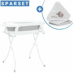 Faltbare Baby-Badewanne mit integriertem Thermometer & Gestell inkl. Kapuzenbadetuch mit Elefantenmotiv 75 x 75 cm - Grau Weiß