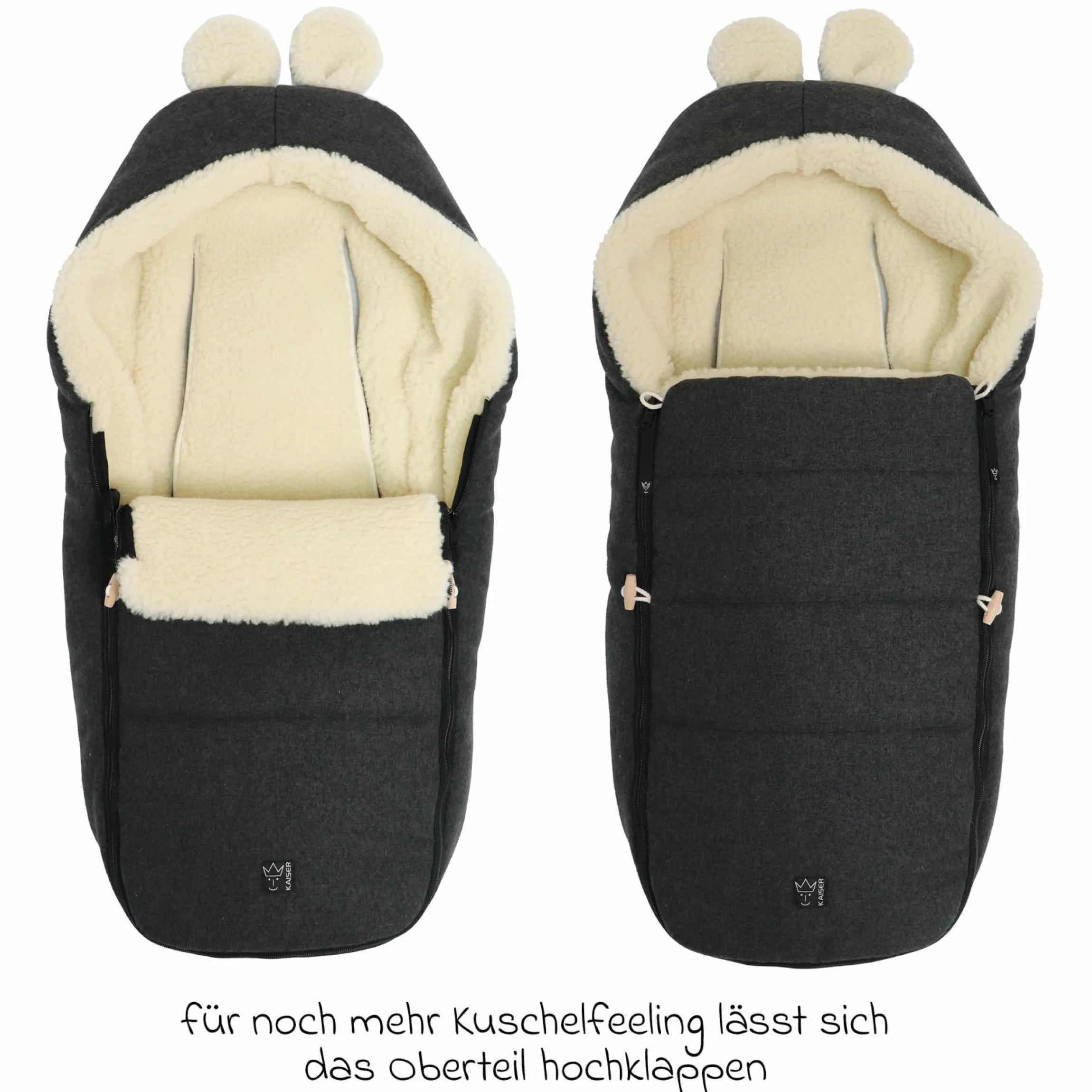 Fleece-Fußsack Hoody Maus Wool Fütterung aus 100% Schurwolle für Babyschalen und Babywanne - Dark Shadow