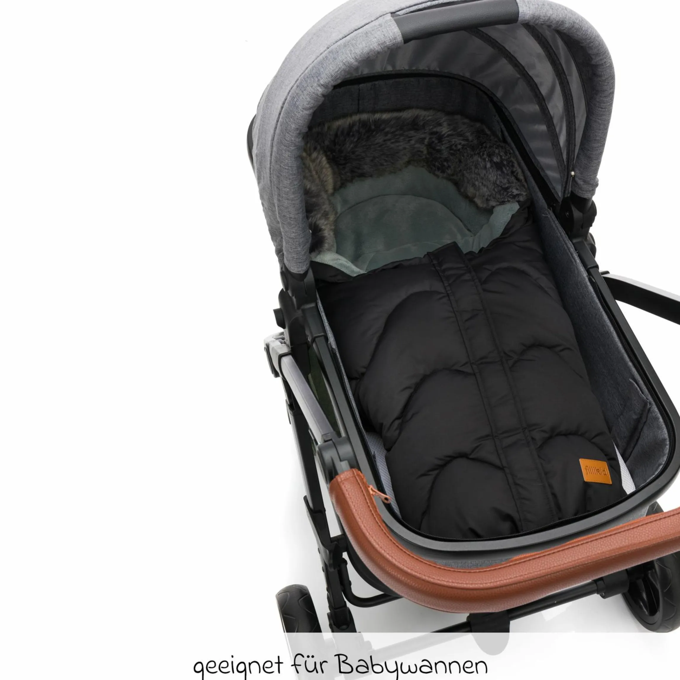Fleece-Fußsack mit Fellkragen Lhotse für Babyschalen und Babywannen - Schwarz