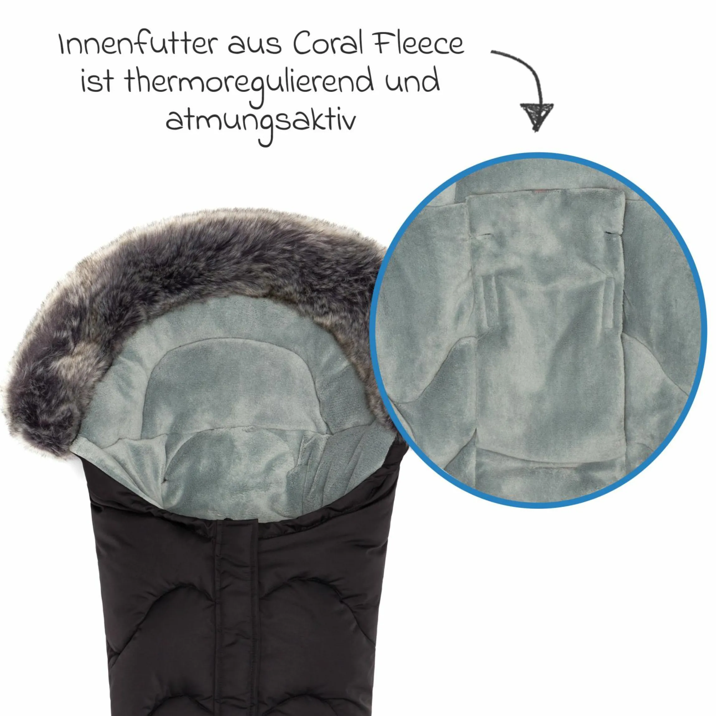 Fleece-Fußsack mit Fellkragen Lhotse für Babyschalen und Babywannen - Schwarz