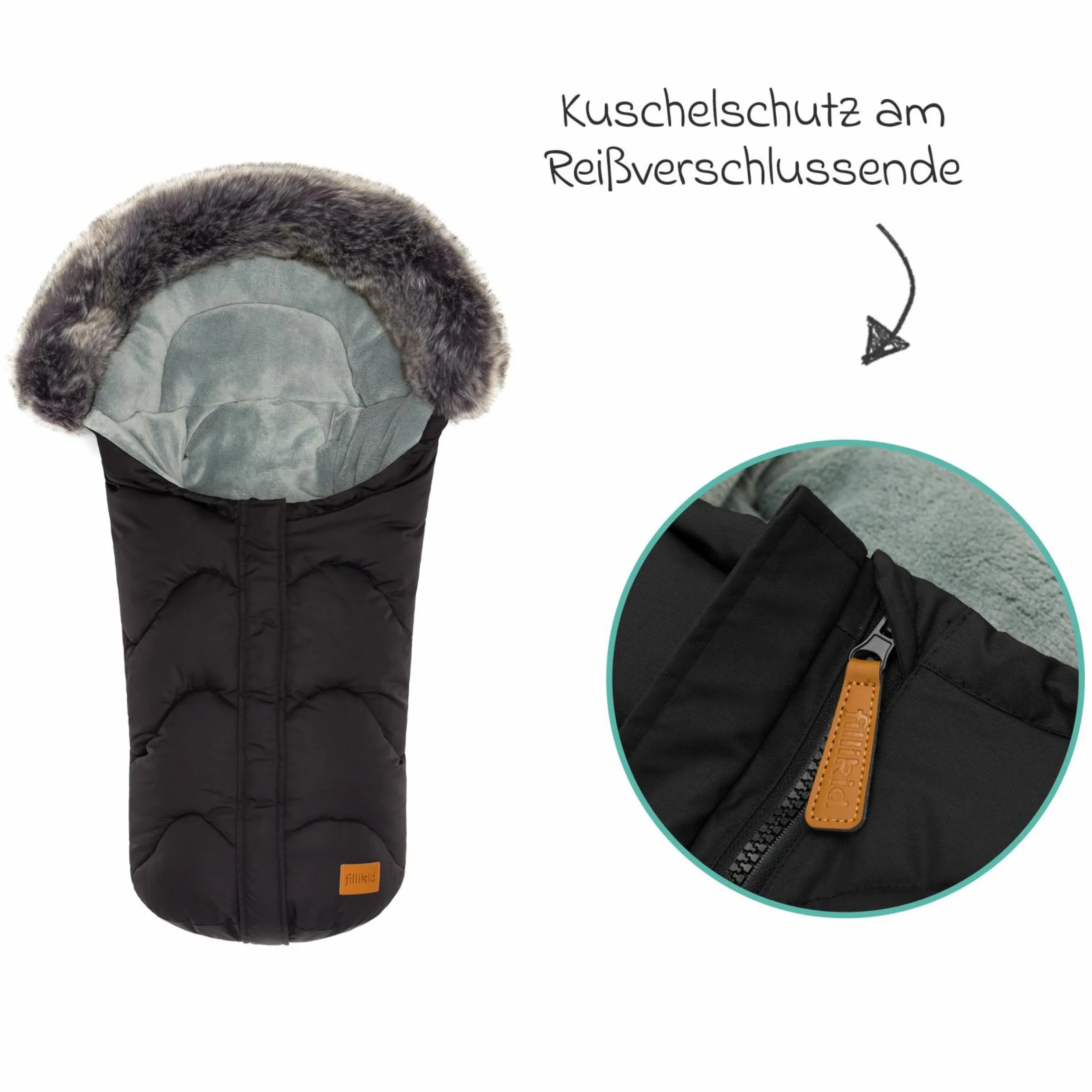 Fleece-Fußsack mit Fellkragen Lhotse für Babyschalen und Babywannen - Schwarz