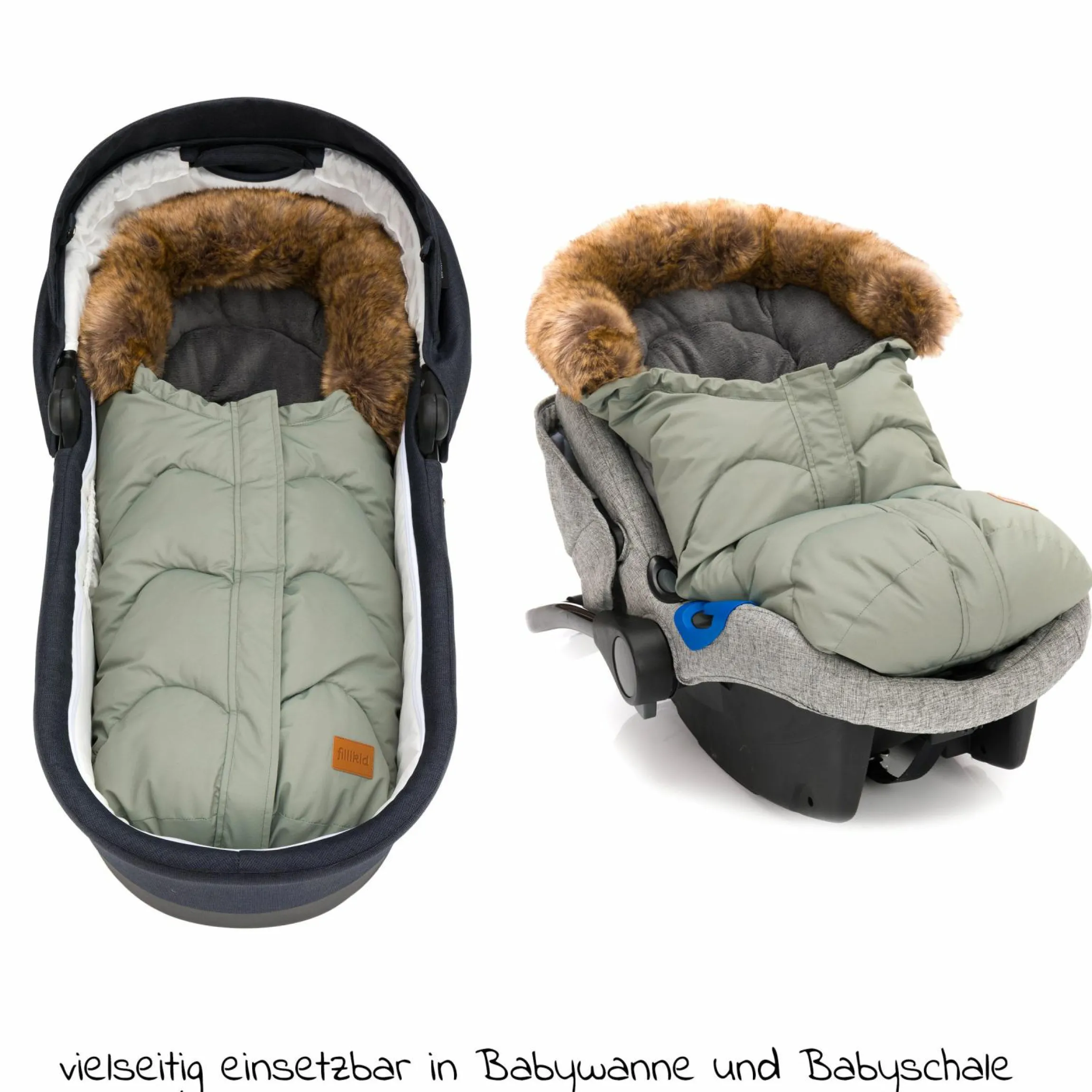 Fleece-Fußsack mit Fellkragen Lhotse für Babyschale und Babywanne - Salbei