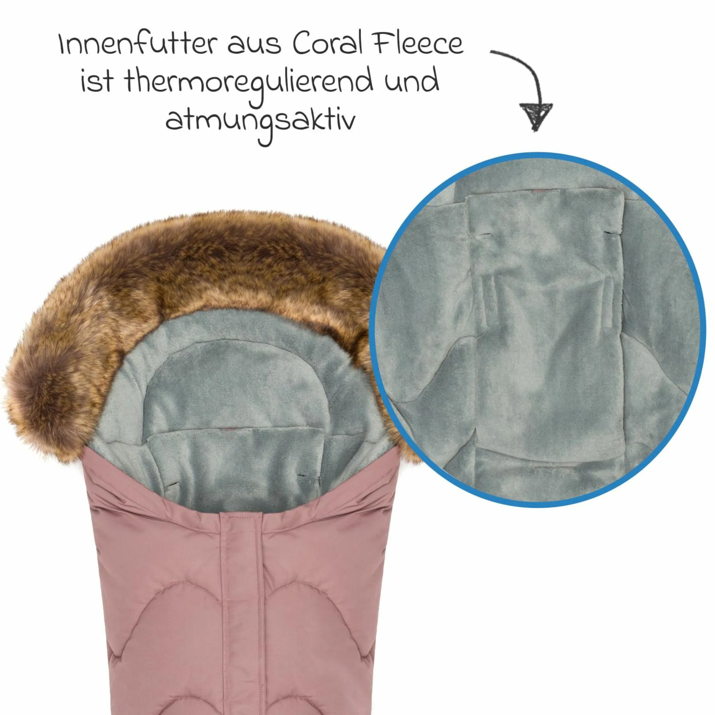 Fleece-Fußsack mit Fellkragen Lhotse für Babyschalen und Babywannen - Rosa