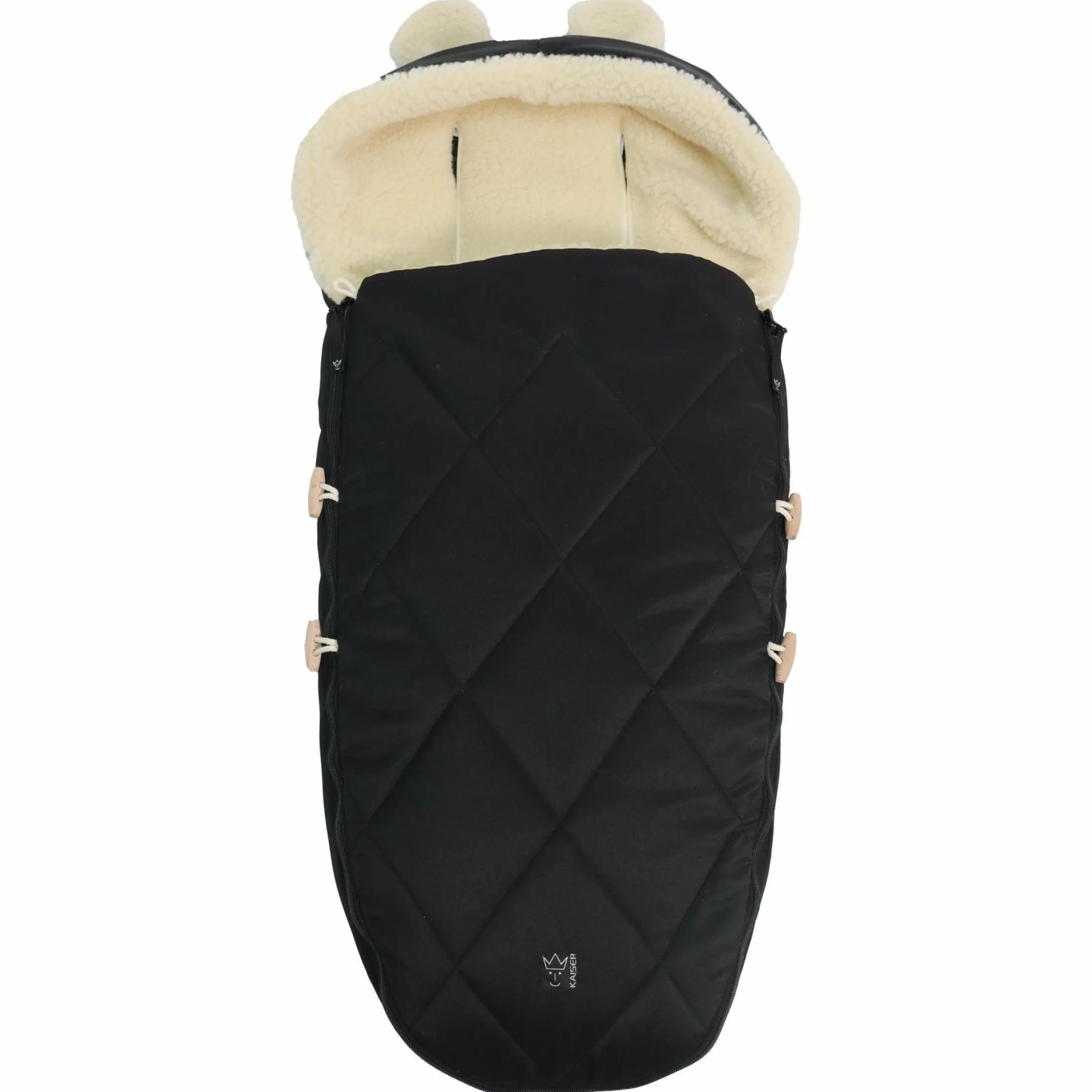 Fleece-Fußsack XL Ears Wool Fütterung aus 100% Schafwolle für Kinderwagen und Buggy - Black