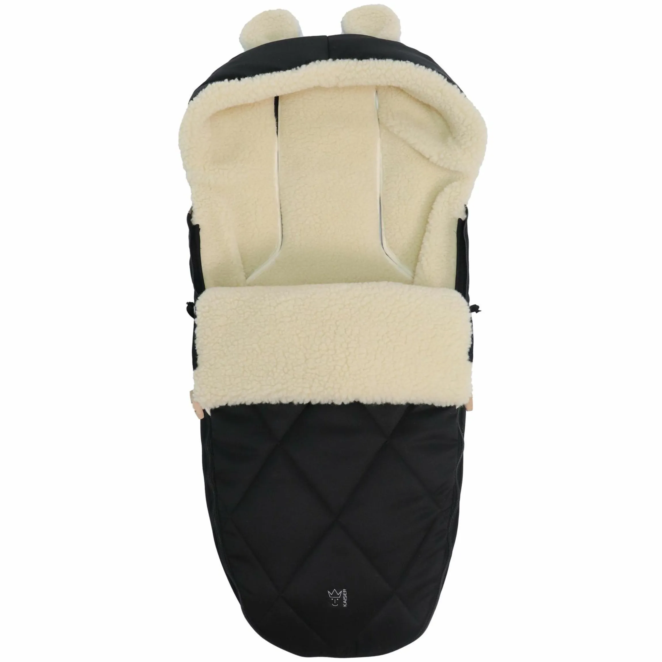 Fleece-Fußsack XL Ears Wool Fütterung aus 100% Schafwolle für Kinderwagen und Buggy - Black