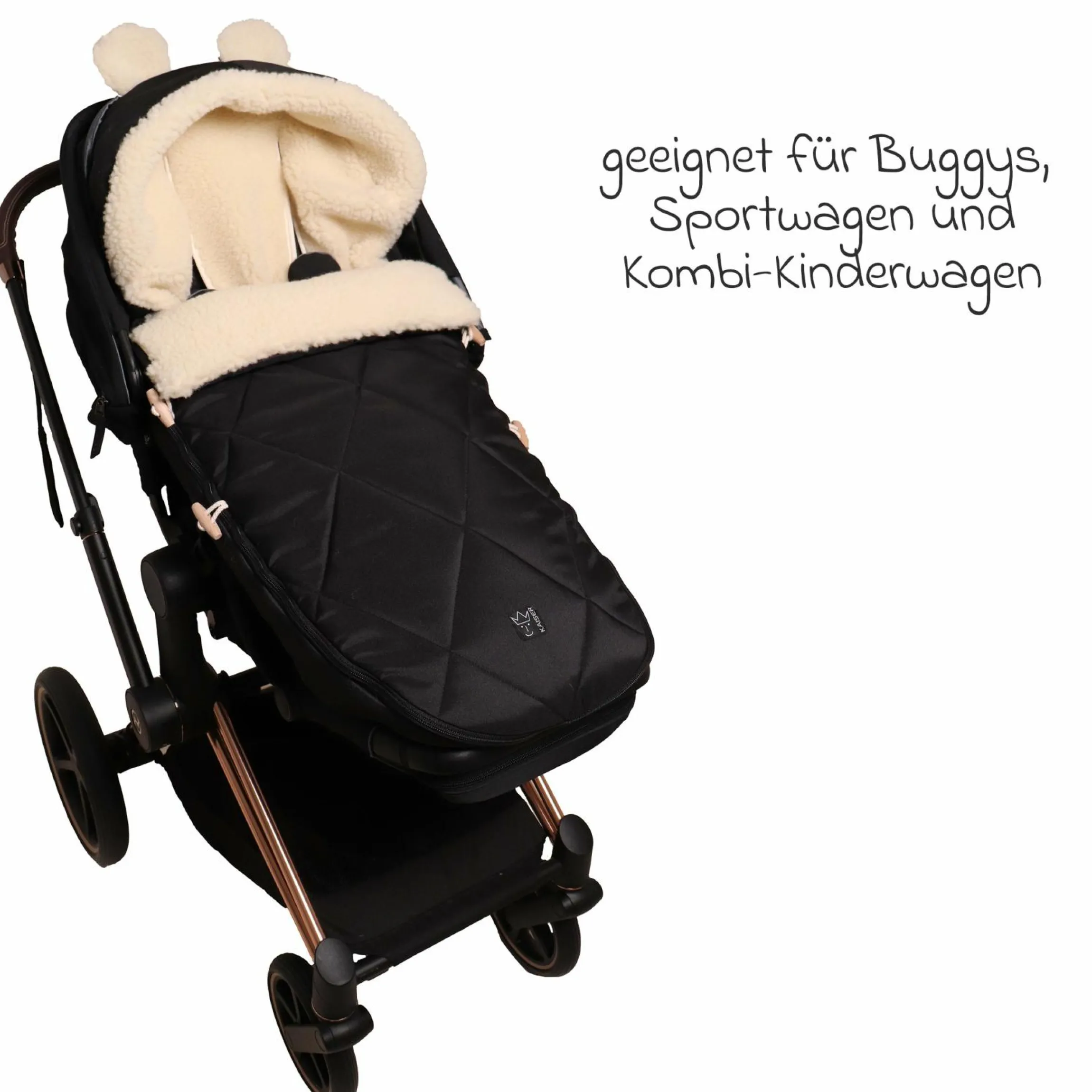 Fleece-Fußsack XL Ears Wool Fütterung aus 100% Schafwolle für Kinderwagen und Buggy - Black
