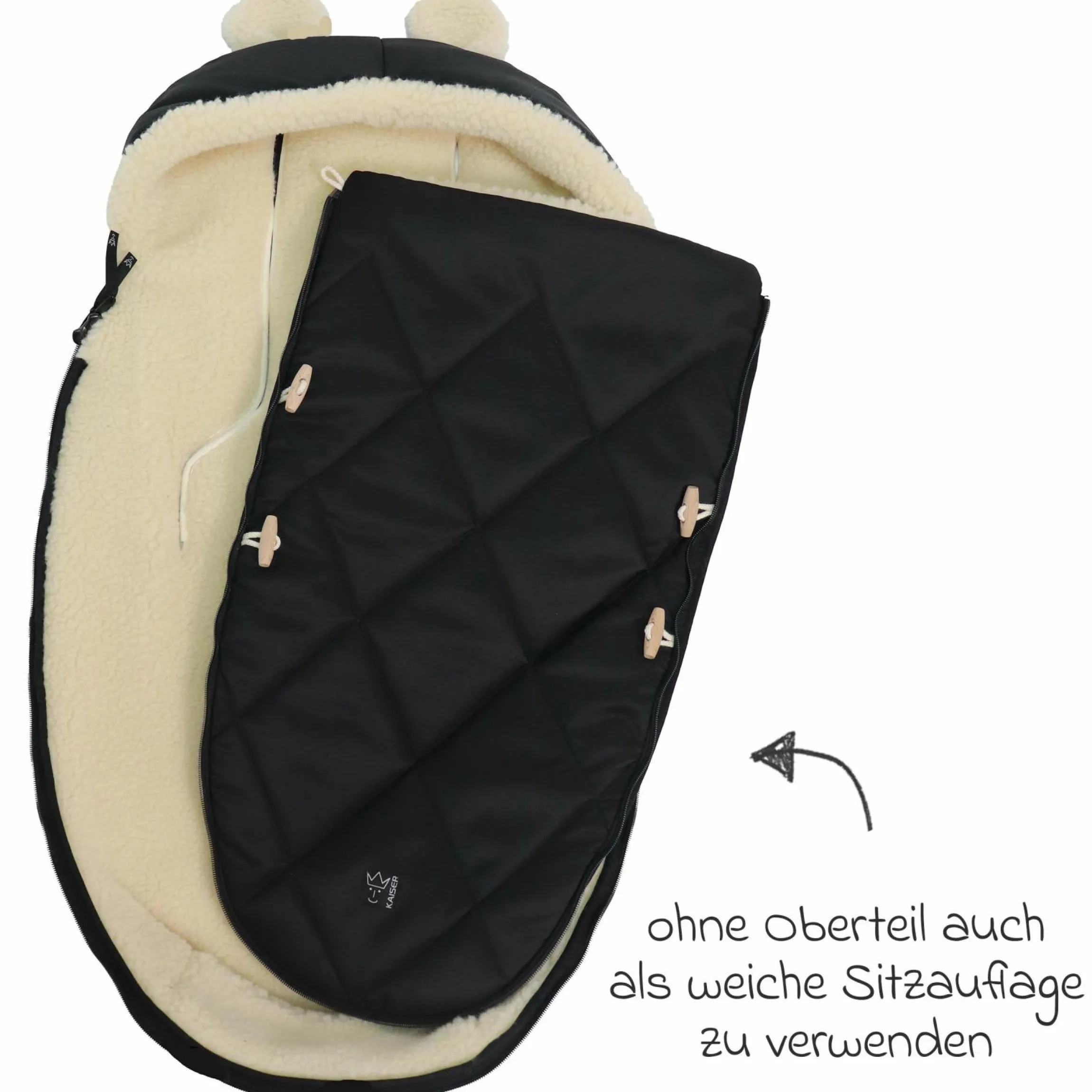 Fleece-Fußsack XL Ears Wool Fütterung aus 100% Schafwolle für Kinderwagen und Buggy - Black