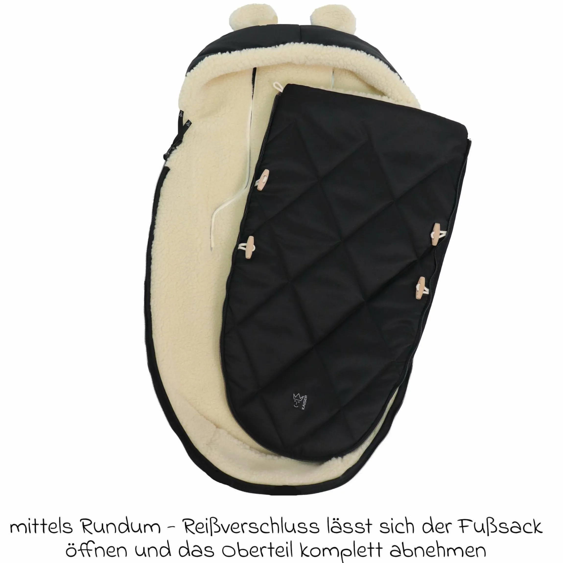 Fleece-Fußsack XL Ears Wool Fütterung aus 100% Schafwolle für Kinderwagen und Buggy - Black
