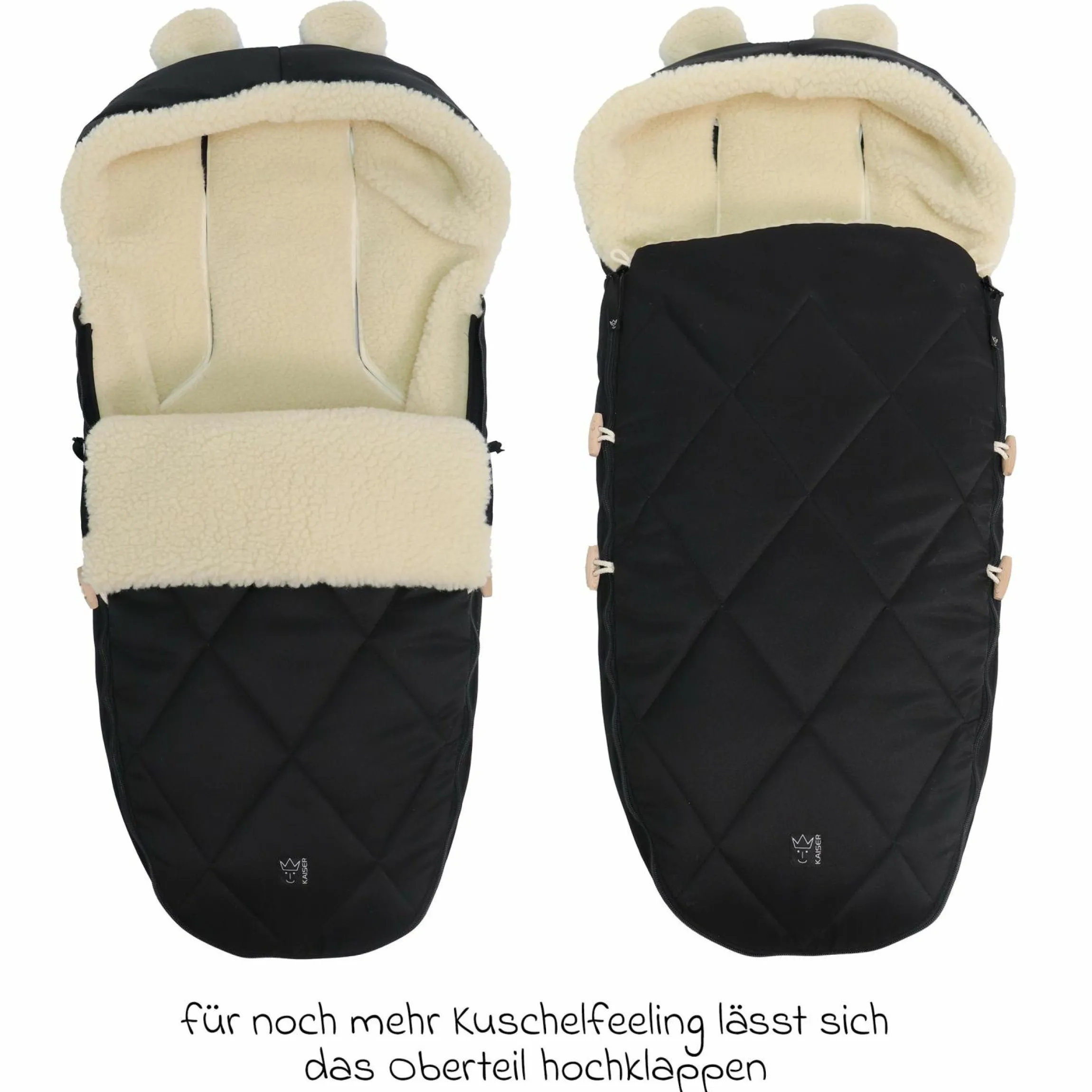 Fleece-Fußsack XL Ears Wool Fütterung aus 100% Schafwolle für Kinderwagen und Buggy - Black