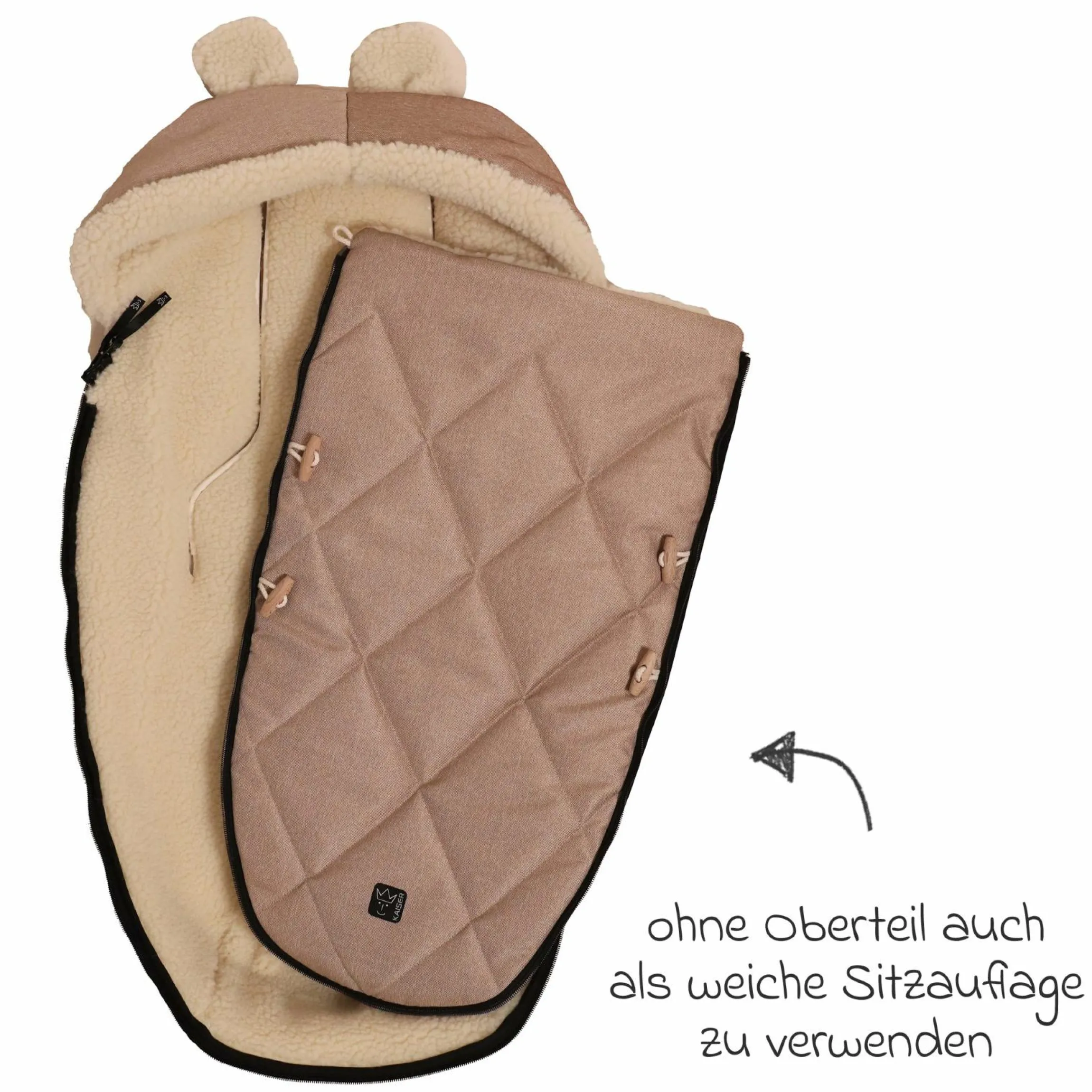 Fleece-Fußsack XL Ears Wool Fütterung aus 100% Schafwolle für Kinderwagen und Buggy - Sand Melange