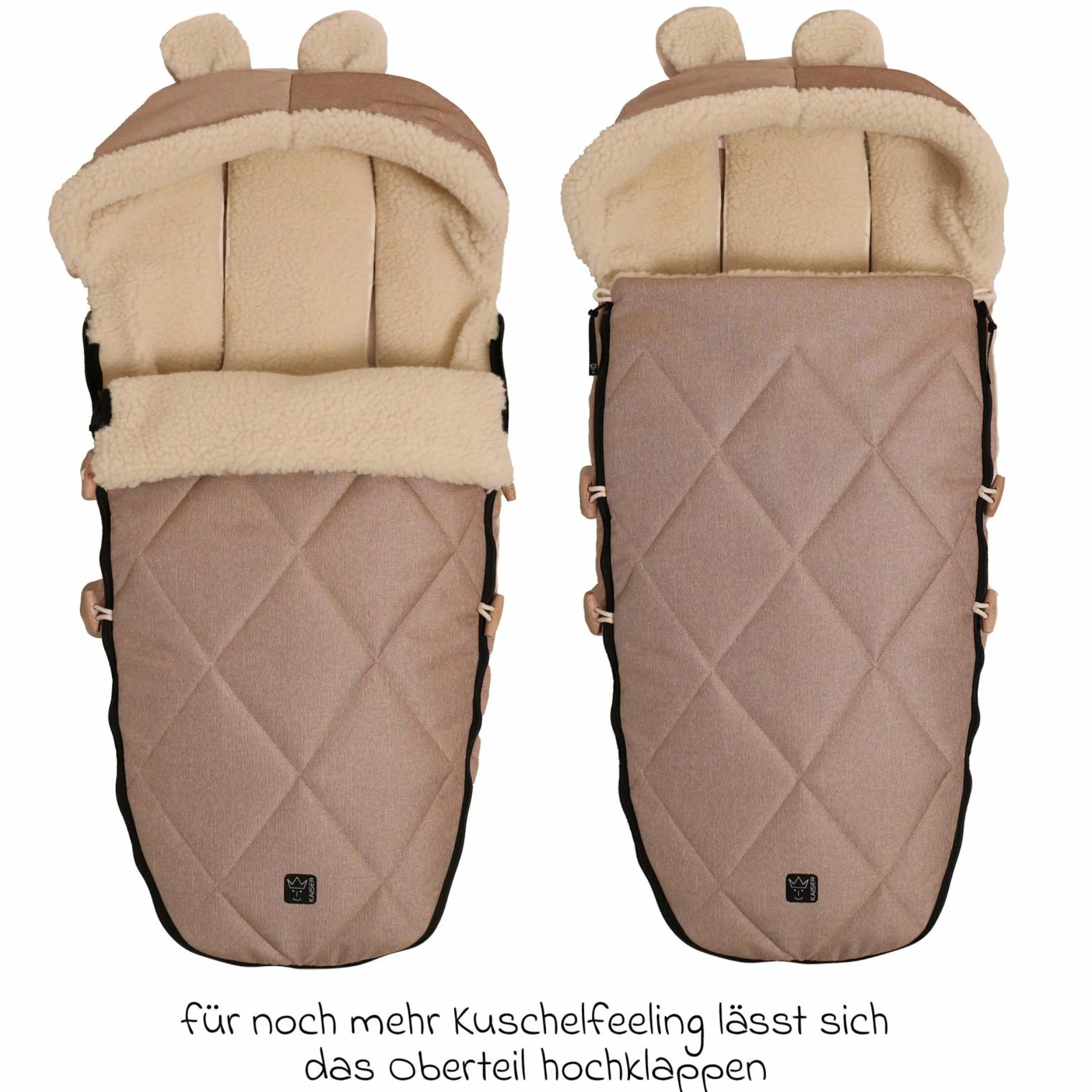 Fleece-Fußsack XL Ears Wool Fütterung aus 100% Schafwolle für Kinderwagen und Buggy - Sand Melange