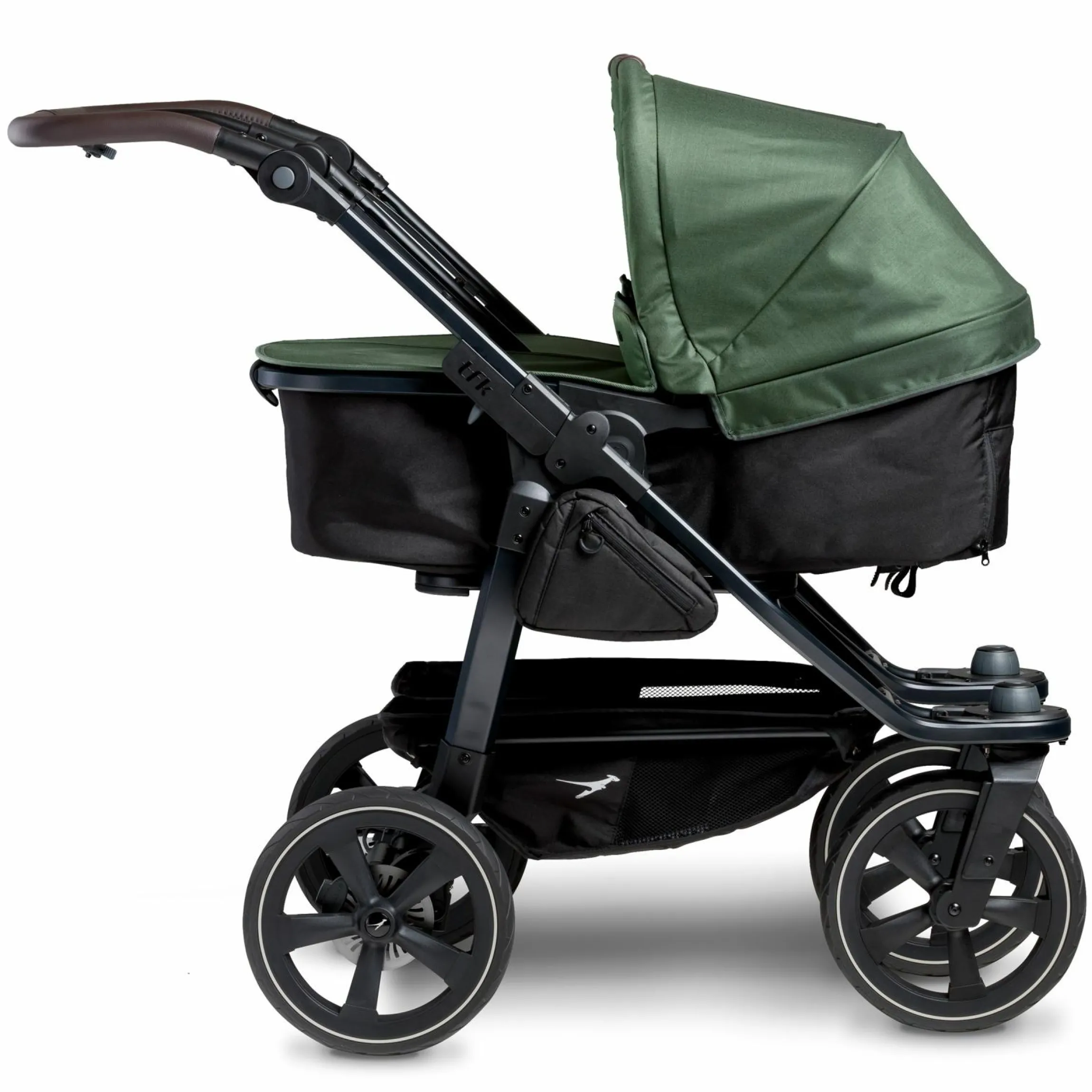 Geschwister- & Zwillingskinderwagen Duo 2 mit Luftkammerreifen - 2x Kombi-Einheit (Wanne+Sitz) mit Liegeposition & XXL Zamboo Zubehör - Olive - Kollektion 2025
