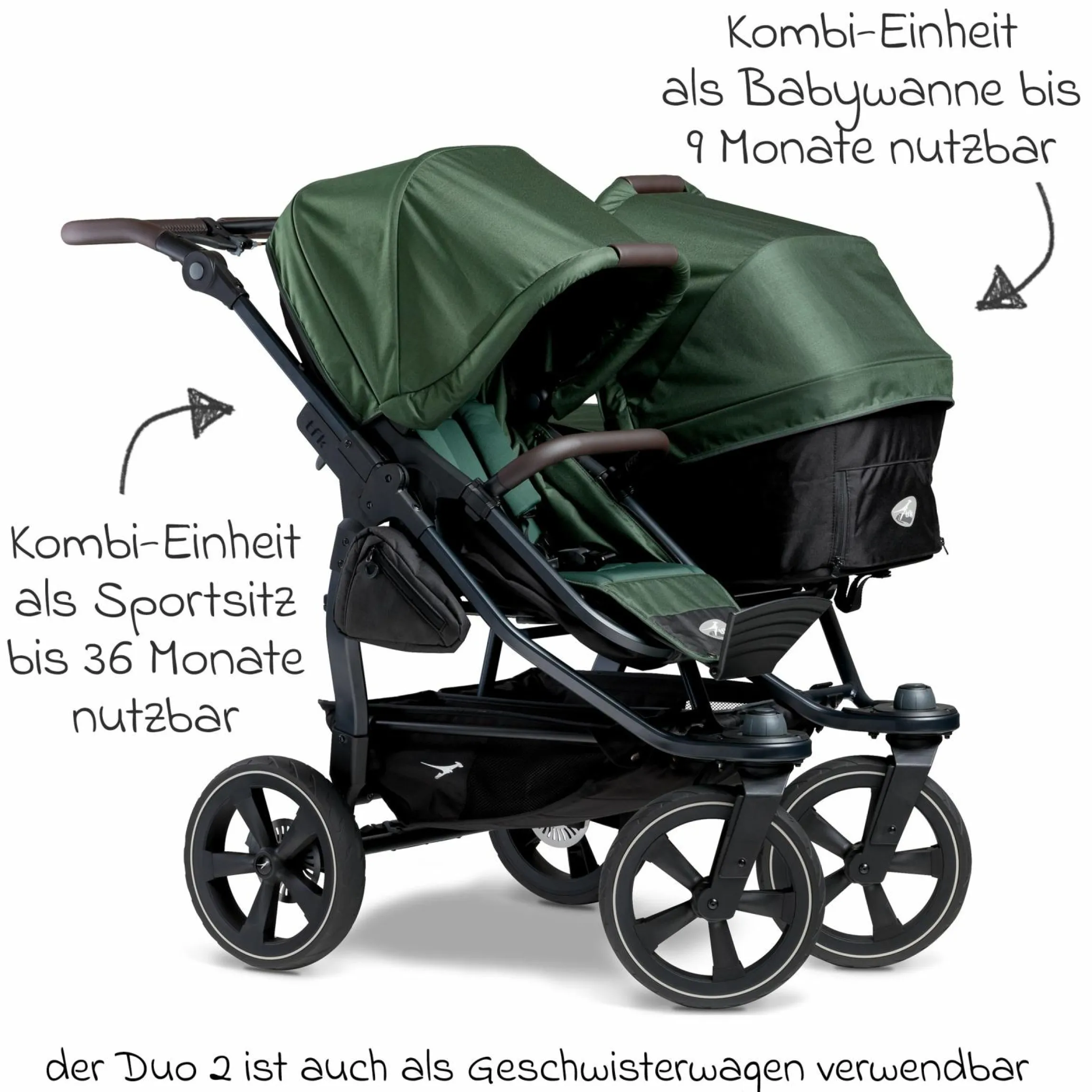 Geschwister- & Zwillingskinderwagen Duo 2 mit Luftkammerreifen - 2x Kombi-Einheit (Wanne+Sitz) mit Liegeposition & XXL Zamboo Zubehör - Olive - Kollektion 2025