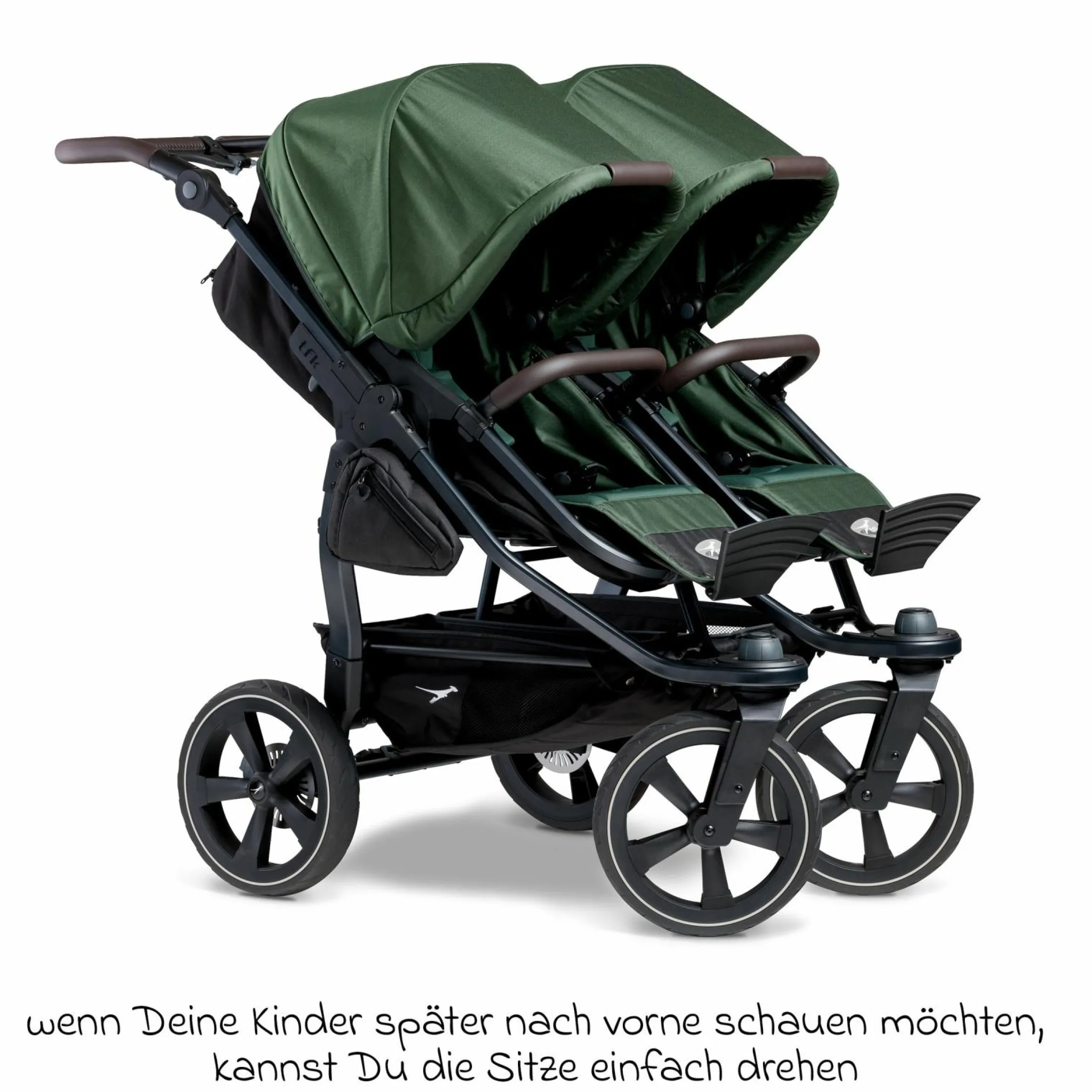 Geschwister- & Zwillingskinderwagen Duo 2 mit Luftkammerreifen - 2x Kombi-Einheit (Wanne+Sitz) mit Liegeposition & XXL Zamboo Zubehör - Olive - Kollektion 2025
