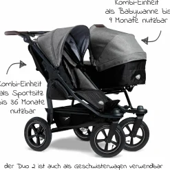 Geschwister- & Zwillingskinderwagen Duo 2 mit Luftreifen - 2x Kombi-Einheit (Wanne+Sitz) mit Liegeposition & XXL Zamboo Zubehör - Premium Grau - Kollektion 2025