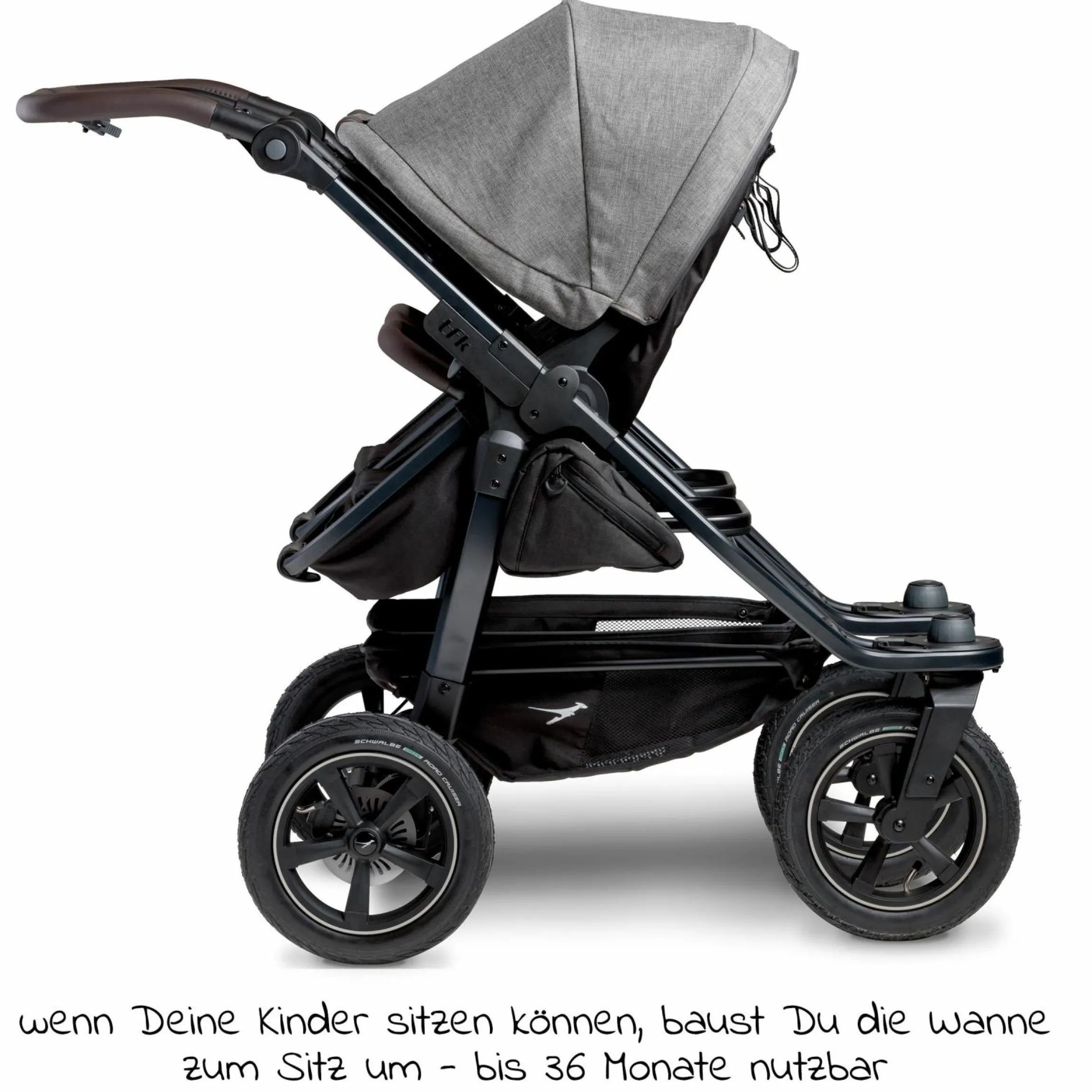 Geschwister- & Zwillingskinderwagen Duo 2 mit Luftreifen - 2x Kombi-Einheit (Wanne+Sitz) mit Liegeposition & XXL Zamboo Zubehör - Premium Grau - Kollektion 2025