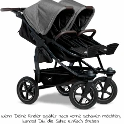 Geschwister- & Zwillingskinderwagen Duo 2 mit Luftreifen - 2x Kombi-Einheit (Wanne+Sitz) mit Liegeposition & XXL Zamboo Zubehör - Premium Grau - Kollektion 2025