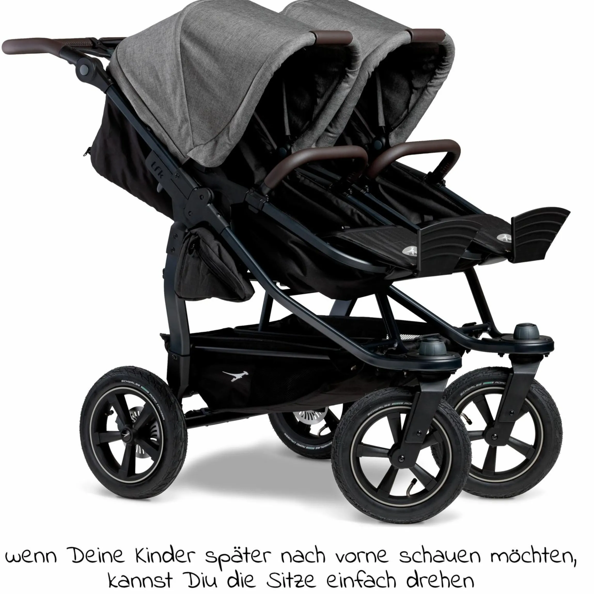 Geschwister- & Zwillingskinderwagen Duo 2 mit Luftreifen - 2x Kombi-Einheit (Wanne+Sitz) mit Liegeposition & XXL Zamboo Zubehör - Premium Grau - Kollektion 2025