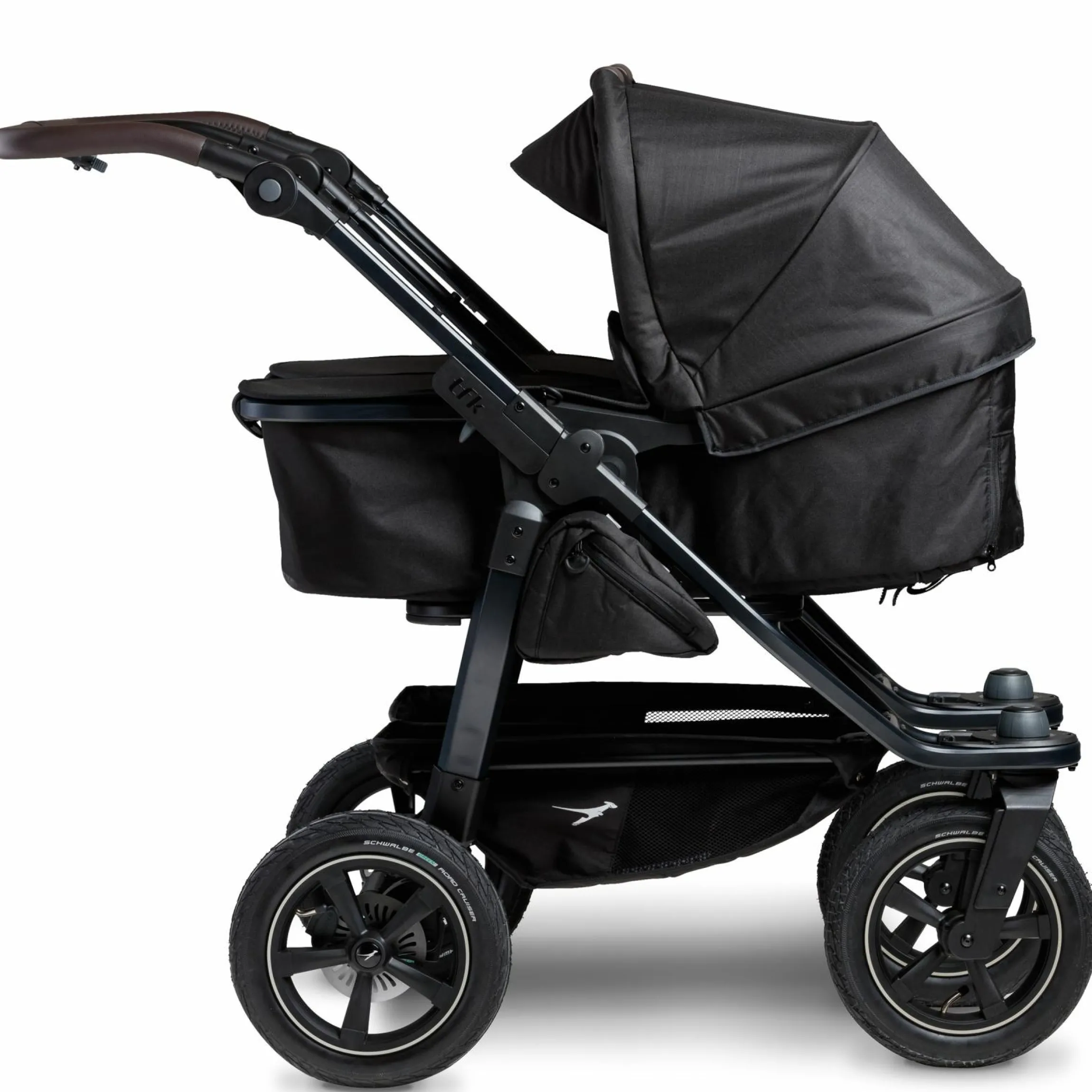 Geschwister- & Zwillingskinderwagen Duo 2 mit Luftreifen - 2x Kombi-Einheit (Wanne+Sitz) mit Liegeposition & XXL Zamboo Zubehör - Schwarz - Kollektion 2025