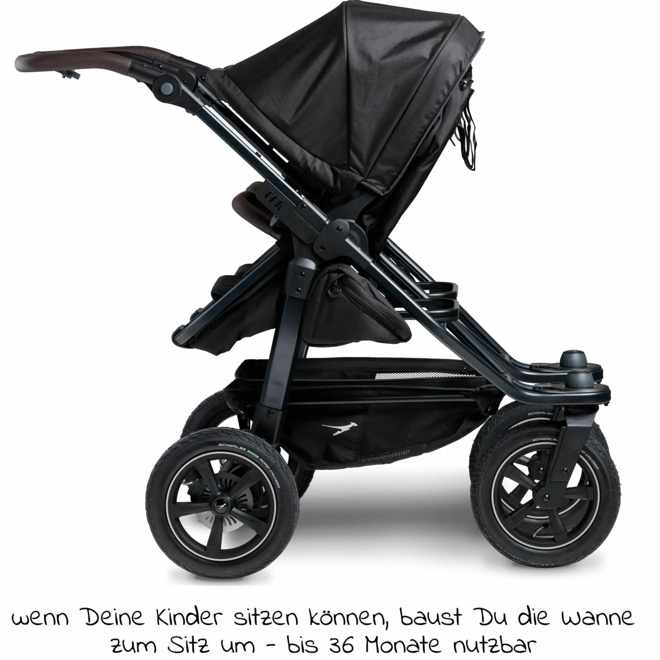 Geschwister- & Zwillingskinderwagen Duo 2 mit Luftreifen - 2x Kombi-Einheit (Wanne+Sitz) mit Liegeposition & XXL Zamboo Zubehör - Schwarz - Kollektion 2025