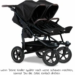 Geschwister- & Zwillingskinderwagen Duo 2 mit Luftreifen - 2x Kombi-Einheit (Wanne+Sitz) mit Liegeposition & XXL Zamboo Zubehör - Schwarz - Kollektion 2025