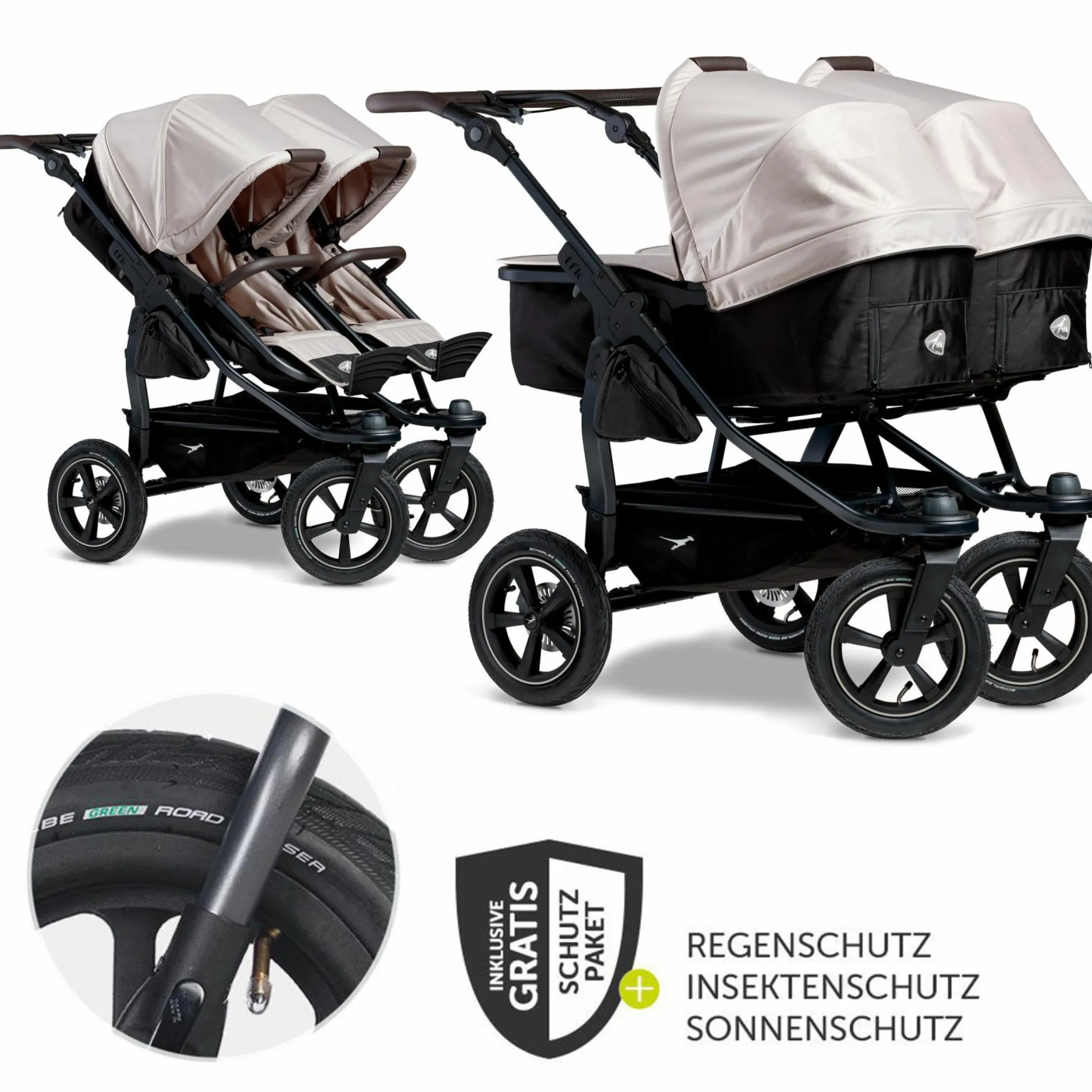 Geschwister- & Zwillingskinderwagen Duo 2 mit Luftreifen - 2x Kombi-Einheit (Wanne+Sitz) mit Liegeposition & XXL Zamboo Zubehör - Sand - Kollektion 2025