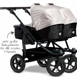 Geschwister- & Zwillingskinderwagen Duo 2 mit Luftreifen - 2x Kombi-Einheit (Wanne+Sitz) mit Liegeposition & XXL Zamboo Zubehör - Sand - Kollektion 2025