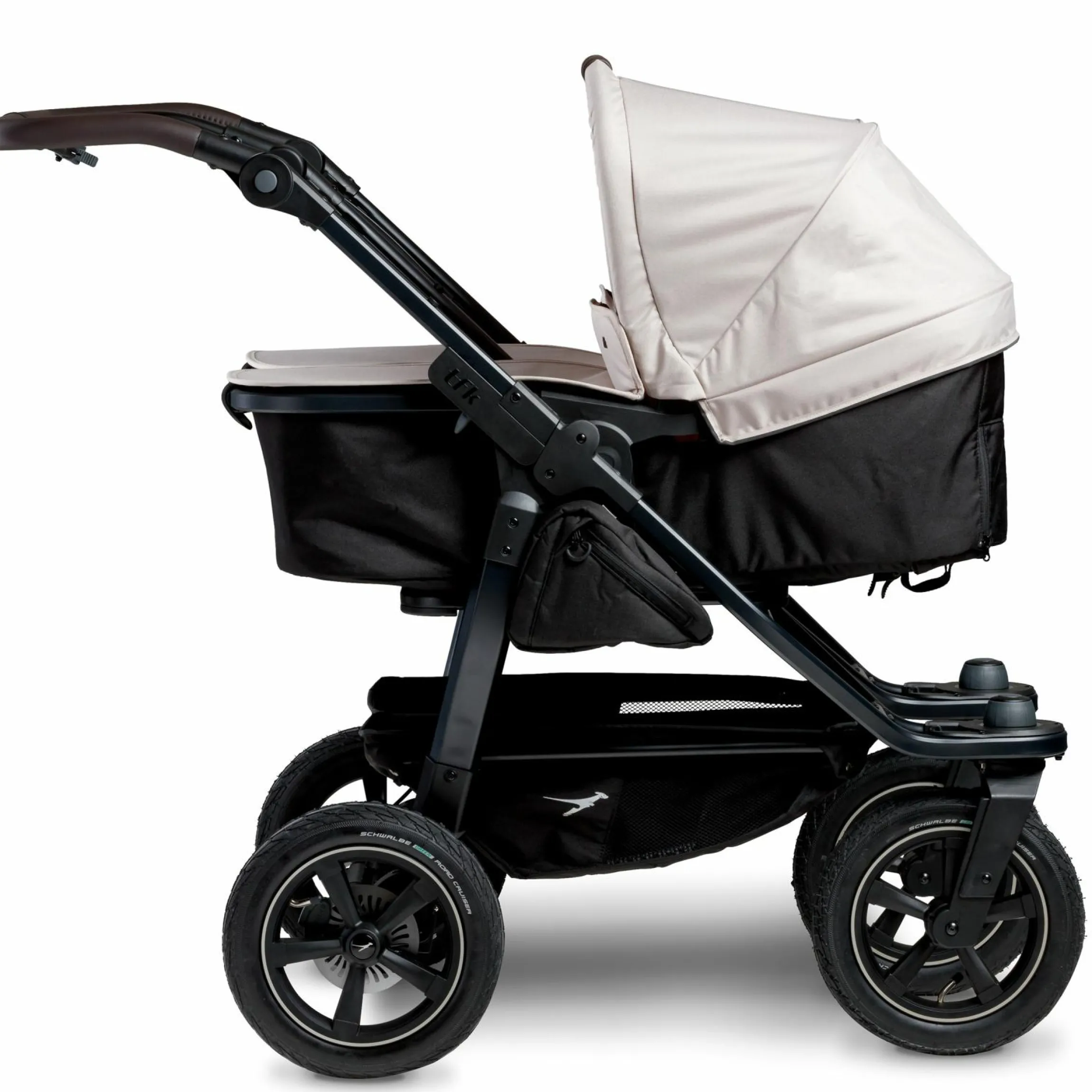 Geschwister- & Zwillingskinderwagen Duo 2 mit Luftreifen - 2x Kombi-Einheit (Wanne+Sitz) mit Liegeposition & XXL Zamboo Zubehör - Sand - Kollektion 2025