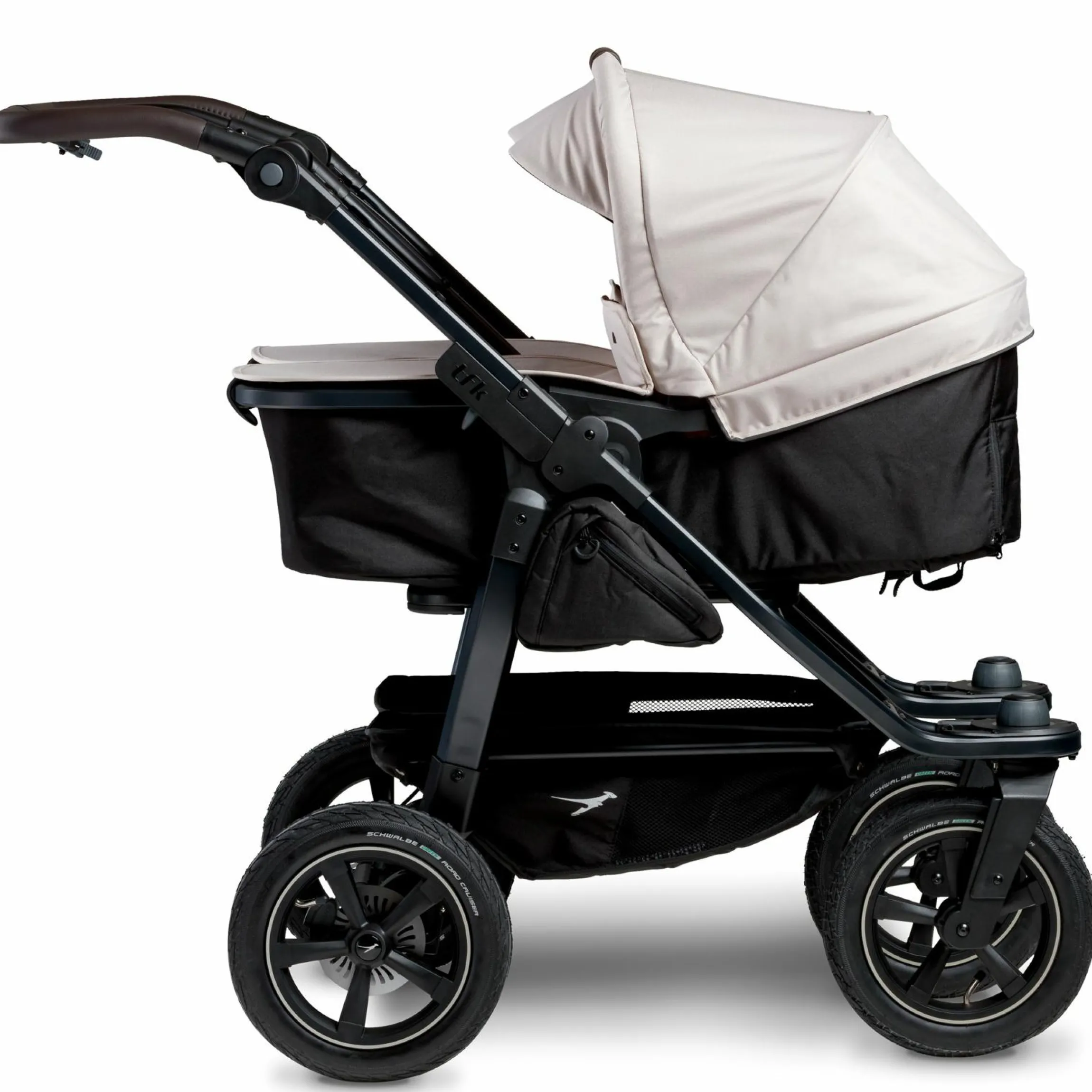 Geschwister- & Zwillingskinderwagen Duo 2 mit Luftreifen - 2x Kombi-Einheit (Wanne+Sitz) mit Liegeposition & XXL Zamboo Zubehör - Sand - Kollektion 2025