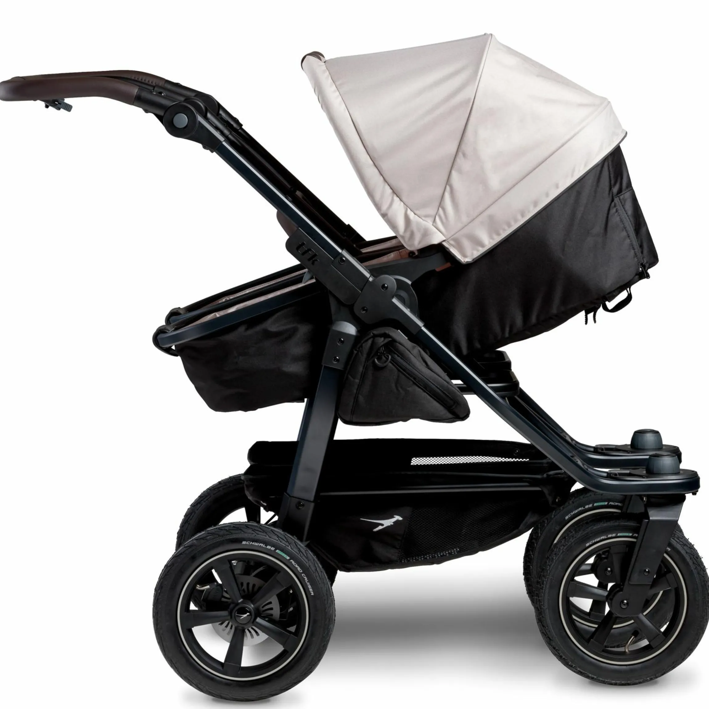 Geschwister- & Zwillingskinderwagen Duo 2 mit Luftreifen - 2x Kombi-Einheit (Wanne+Sitz) mit Liegeposition & XXL Zamboo Zubehör - Sand - Kollektion 2025