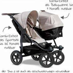 Geschwister- & Zwillingskinderwagen Duo 2 mit Luftreifen - 2x Kombi-Einheit (Wanne+Sitz) mit Liegeposition & XXL Zamboo Zubehör - Sand - Kollektion 2025
