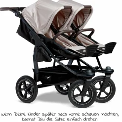 Geschwister- & Zwillingskinderwagen Duo 2 mit Luftreifen - 2x Kombi-Einheit (Wanne+Sitz) mit Liegeposition & XXL Zamboo Zubehör - Sand - Kollektion 2025