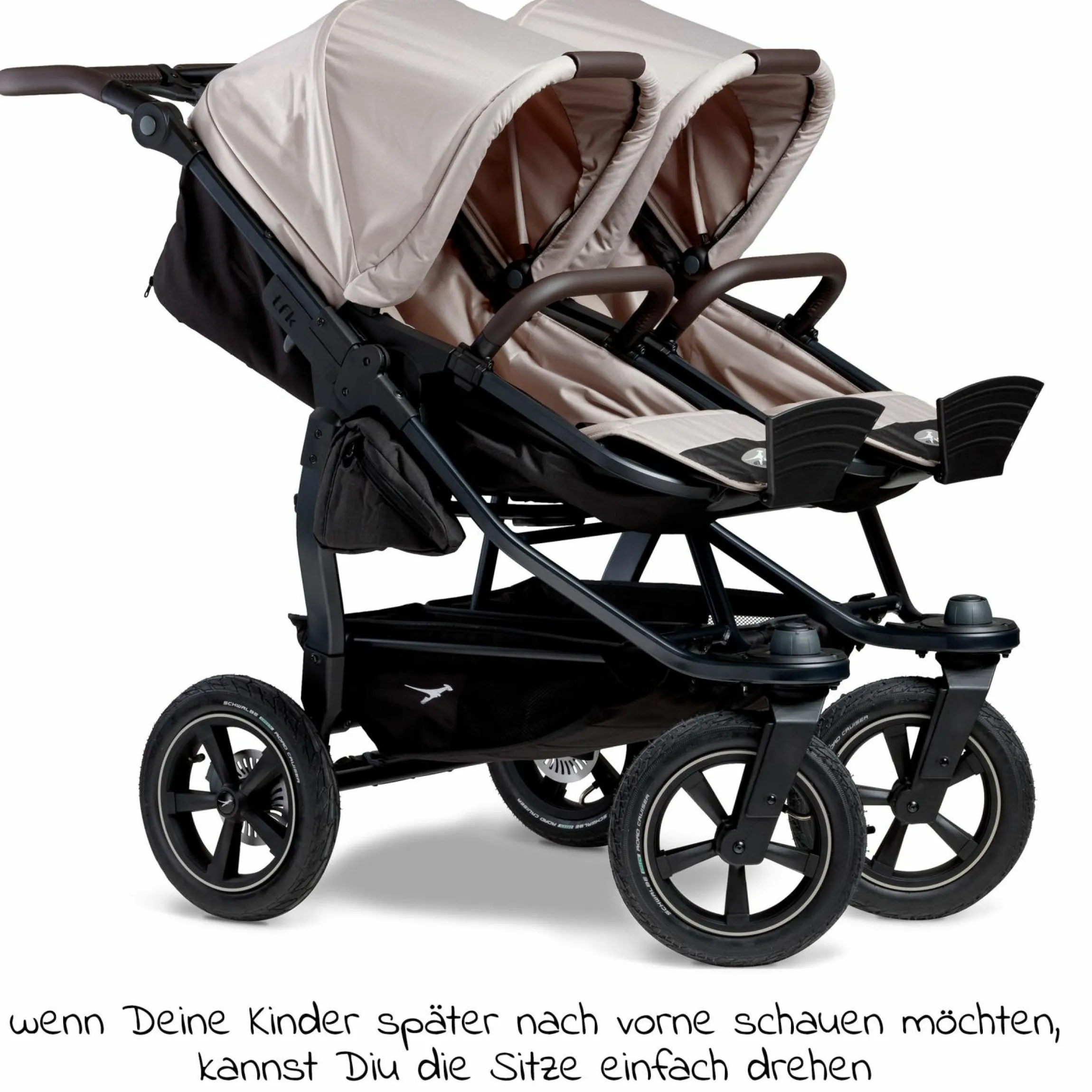 Geschwister- & Zwillingskinderwagen Duo 2 mit Luftreifen - 2x Kombi-Einheit (Wanne+Sitz) mit Liegeposition & XXL Zamboo Zubehör - Sand - Kollektion 2025